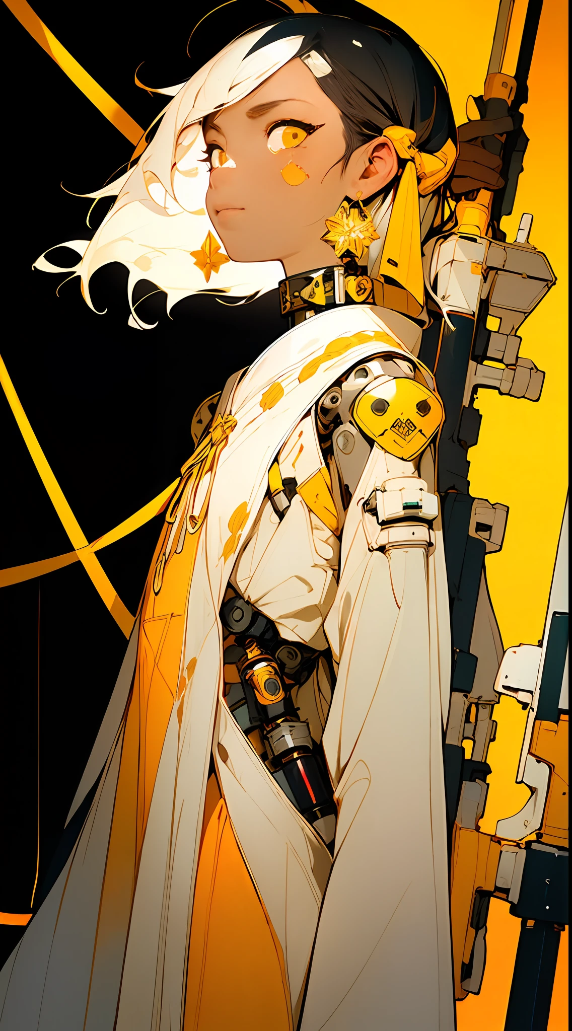 (Masterpiece, Top Quality, Best Quality), ((Cyberpunk Style, Robotic Arm, Hololo, Surreal Science Fiction Art, Future Science Fiction Aesthetics)), (1 Girl Solo), Close Up, (Resolute Eyes), (Ancient Chinese Clothes, White Robe, Embroidered Collar Uesugi, White Big Sleeve Shirt, Streamers), (Hairpin, Long Black Hair, Weapons), (Hanfu), (Clear Facial Features, Detailed Skin Texture, Beautiful Face), White Background, Earrings, Yellow Skin, Standing, (((flat color))),