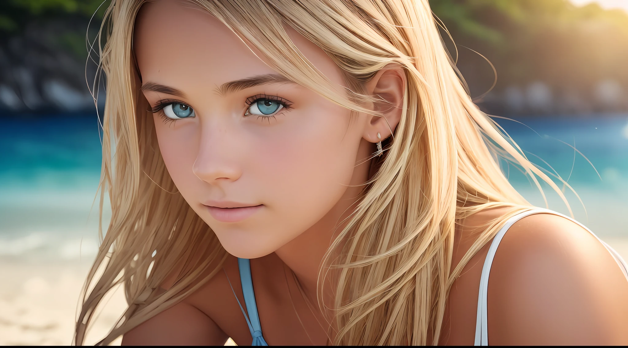 realistic photo, a realistic photo of  18yo girl wearing a bikini, blonde hair, beach,  (1girl), (extremely detailed CG unity 8k wallpaper), photo of the most beautiful artwork in the world, professional majestic (photography by Steve McCurry), 8k uhd, dslr, soft lighting, high quality, film grain, Fujifilm XT3 sharp focus, f 5.6, High Detail, Sharp focus, dramatic, (looking at viewer:1.2), (detailed pupils:1.3), (natural light), --auto