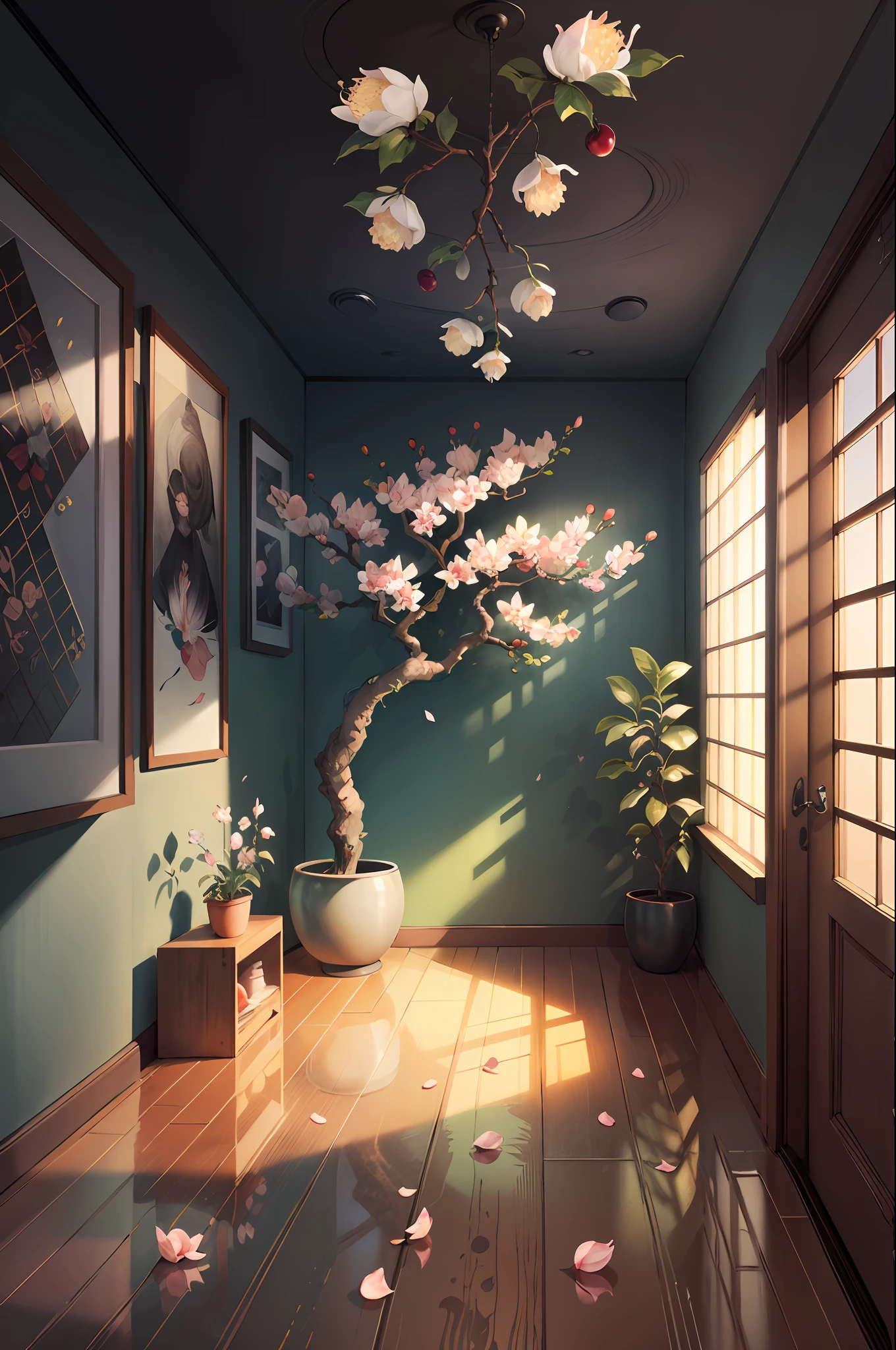 Original，（illustratio：1.1），（best qualtiy），（tmasterpiece：1.1），（the Extremely Detailed CG Unity 8K Wallpapers），（a color：1.2），Cherry magnolia tree，Magnolia petals，scenecy，rios|Wagas，