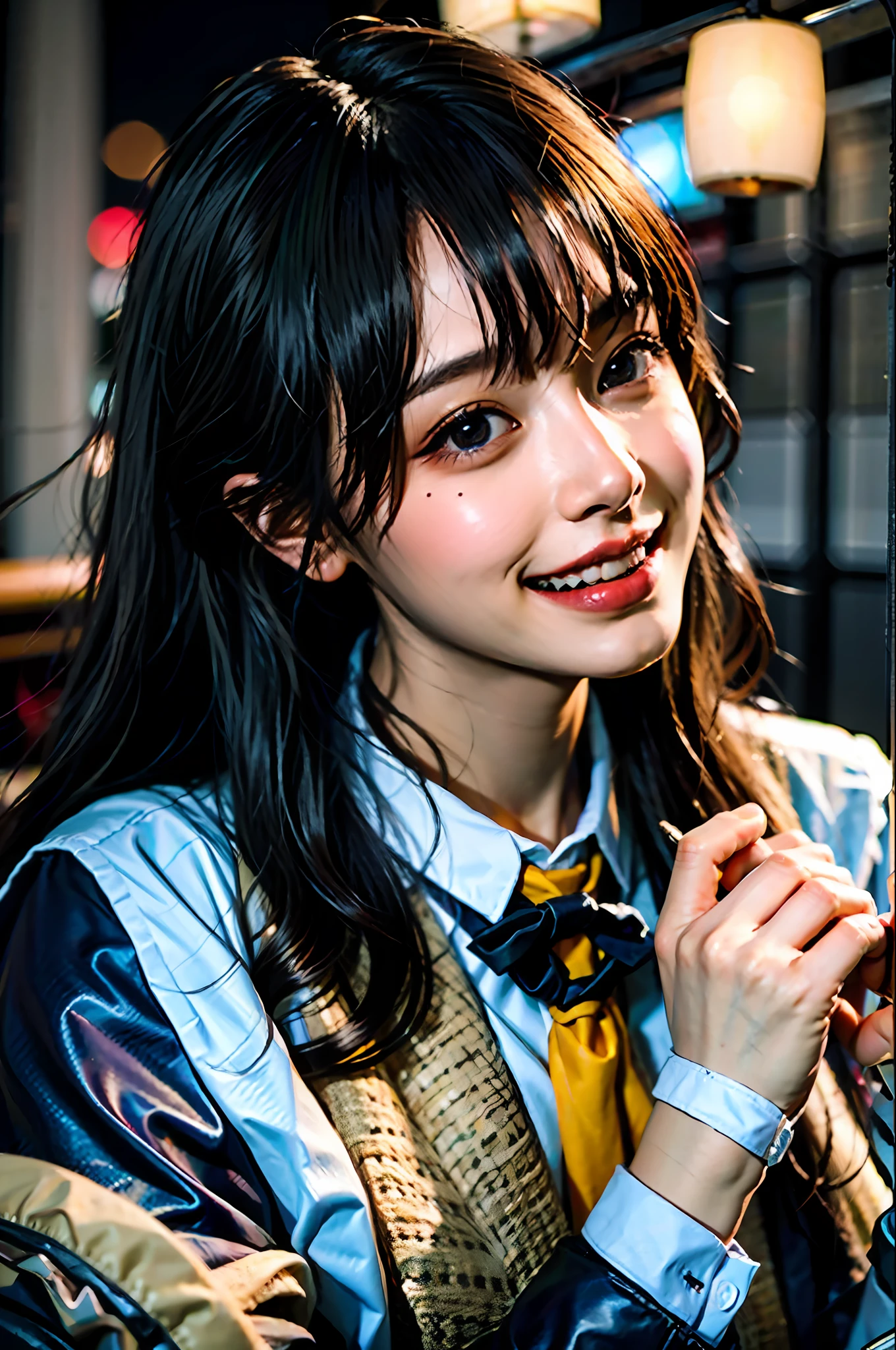 (masterpiece), best quality, ultra high res, close up, slim body, 1girl,school uniform, long hair, laughing, ramen, night, Tokyo restaurant background, colorful lights, photon mapping, radiosity, physically-based rendering, cinematic lighting, intricate, High Detail, Sharp focus, dramatic, photorealistic