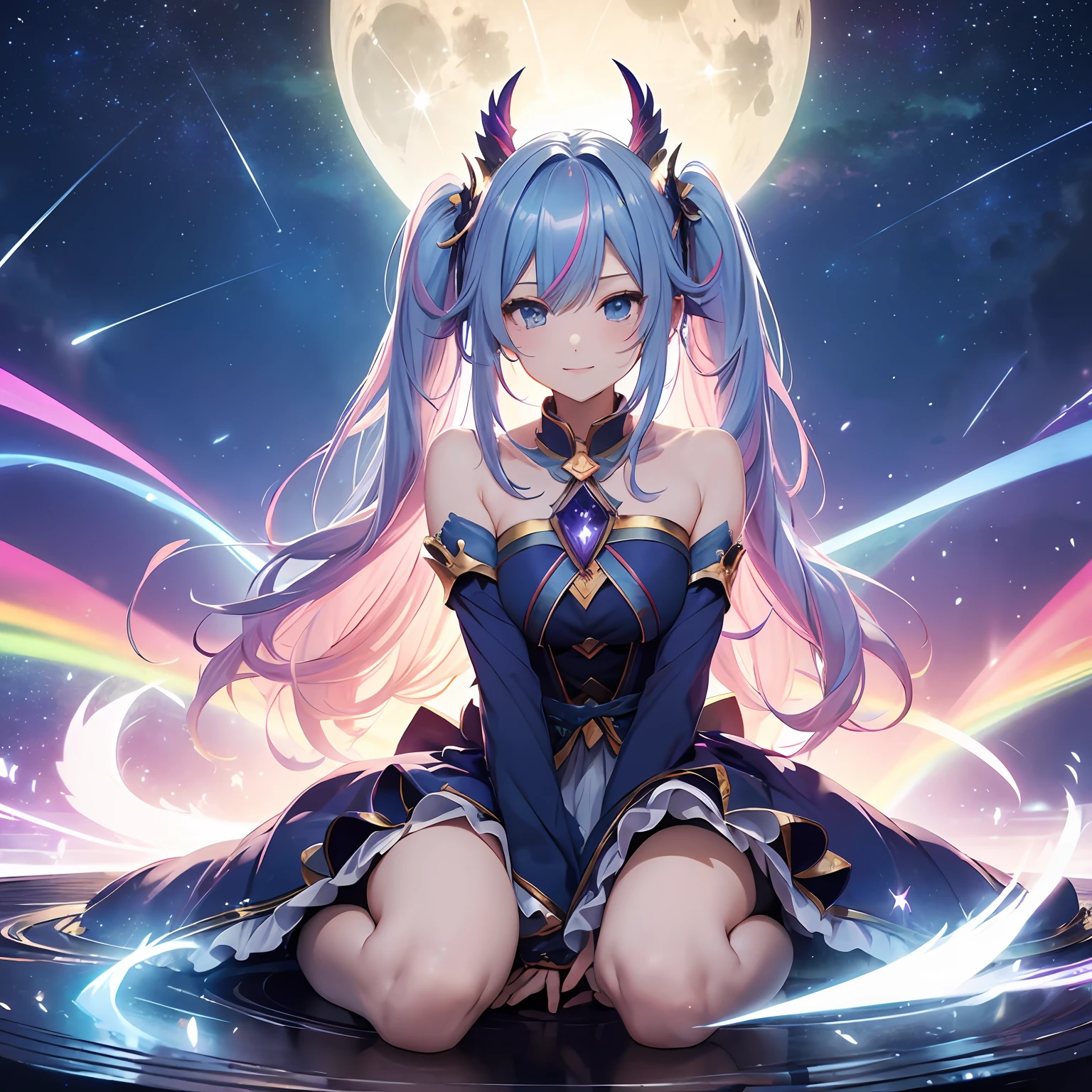 Dark Magician Girl、MKSKS style、2guys、(highly detailed back ground:1.0)、(highly detailed back ground:1.0)、masterpiece、top-quality、An ultra-high picture quality、16k、high-detail、Blue eyes、From above、Fold your hands in front of you、The upper part of the body、Sitting on the edge of the fountain、Twisting the body、Leaning forward、Hair ornament with emerald、Reddish cheeks、a smile、(1/2 pink and 1/2 Light blue hair、rainbow-colored hair、ahoge、Curly、forehead)、(Colorful dress with a lot of draping、Rainbow dress:1.3、lightweight、Airy、soft、fluffy)、Silver necklace、Silver bracelet、(Ray-like pattern:1.4)、Aurora、night sky full of stars、shooting stars、fullmoon、Radial beams of light、natta --auto