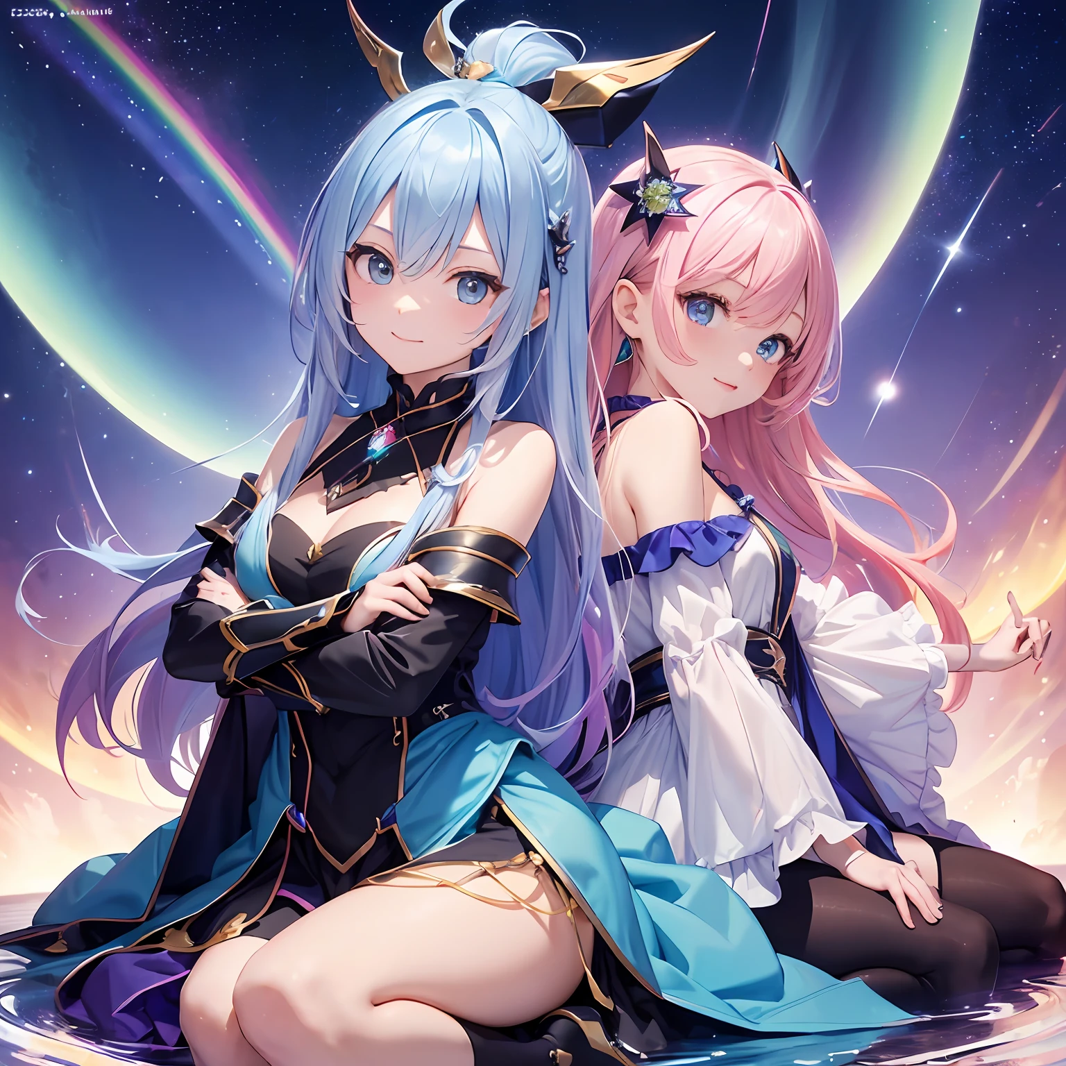 Dark Magician Girl、MKSKS style、2guys、(highly detailed back ground:1.0)、(highly detailed back ground:1.0)、masterpiece、top-quality、An ultra-high picture quality、16k、high-detail、Blue eyes、From above、Fold your hands in front of you、The upper part of the body、Sitting on the edge of the fountain、Twisting the body、Leaning forward、Hair ornament with emerald、Reddish cheeks、a smile、(1/2 pink and 1/2 Light blue hair、rainbow-colored hair、ahoge、Curly、forehead)、(Colorful dress with a lot of draping、Rainbow dress:1.3、lightweight、Airy、soft、fluffy)、Silver necklace、Silver bracelet、(Ray-like pattern:1.4)、Aurora、night sky full of stars、shooting stars、fullmoon、Radial beams of light、natta --auto