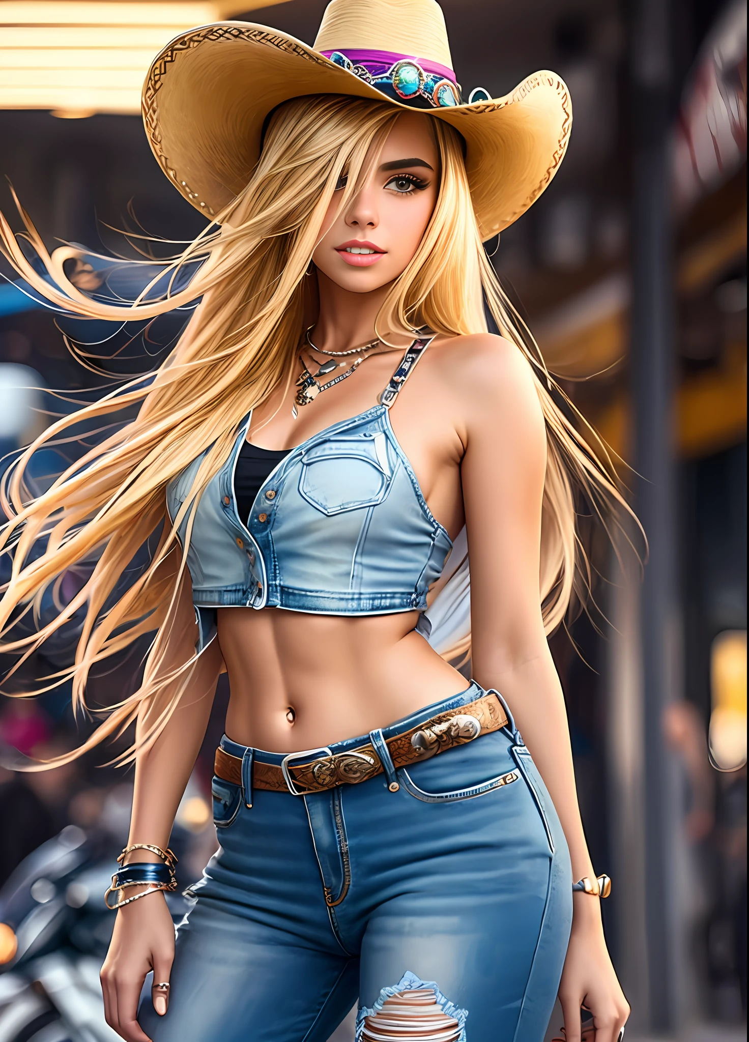Chica hermosa rubia de pelo largo vestida de cowboy con una chaleco de jean y pantalon corto de jean y botas de cuero y sombrero tejano conduciendo una moto supercibernetica futurista en un publo del lejano oste
