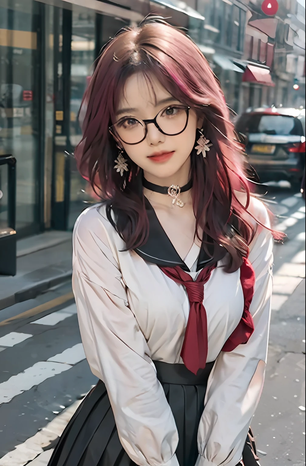 tmasterpiece,1girll,waist-up,light smile,Glossy glossy skin,best qualtiy,tmasterpiece,(Photorealsitic:1.4),School Uniform,pleatedskirt,black lence stockings,Background bokeh,(largeaperture:1.2),A pink-haired,choker necklace,Earrings Eyes looking into the lens with glasses