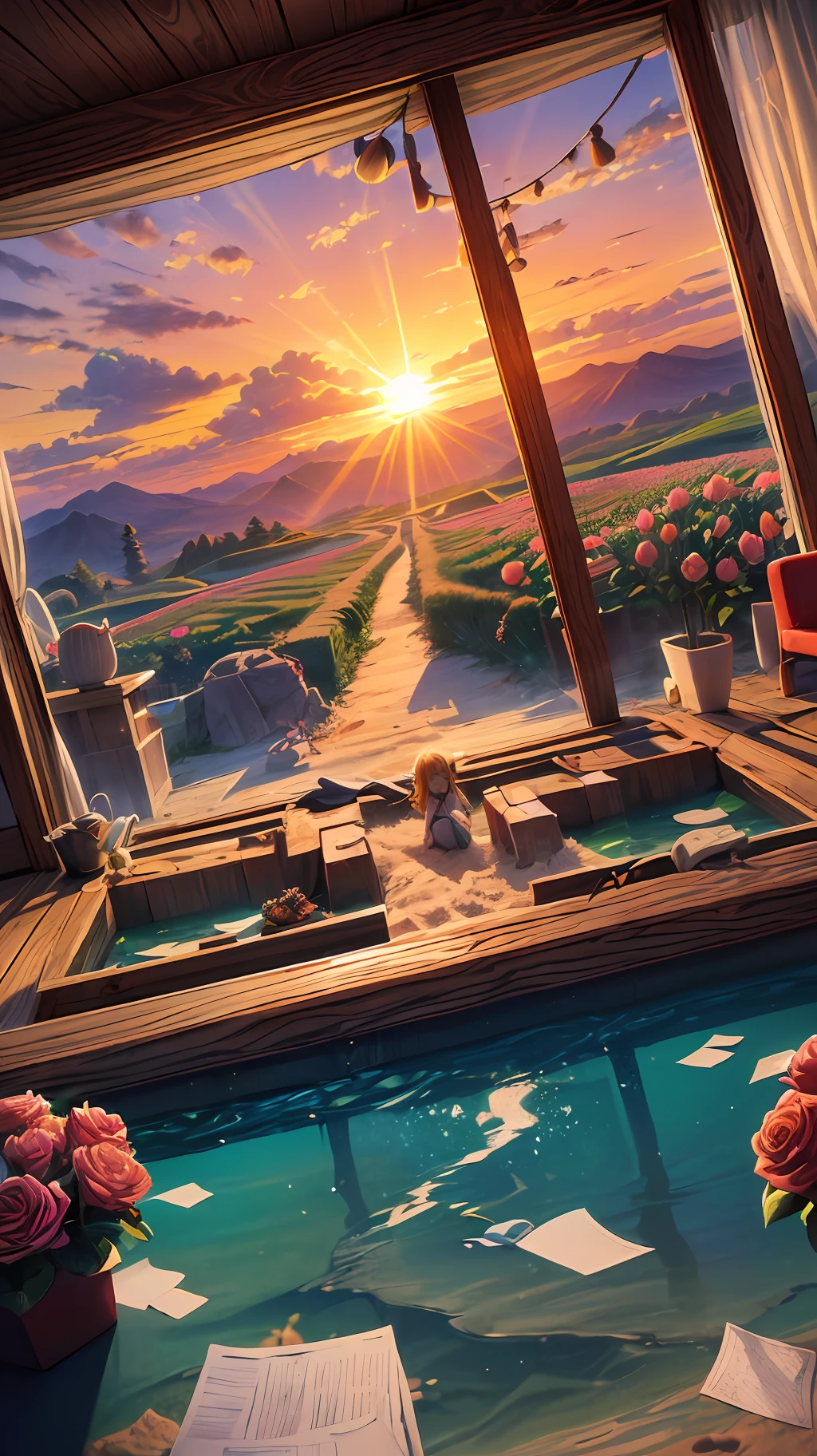 (sandbox:1.4),Movie Angle,(Sun, White clouds, Mountains, ln the forest, rivers),(paper art,Quilted paper art,geomerty),(Extremely colorful, Best quality, Detailed details, Masterpiece, offcial art, movie light effect, 4K, Chiaroscuro),Rose roses,Peach blossoms,Peonies,Tulip tuli,