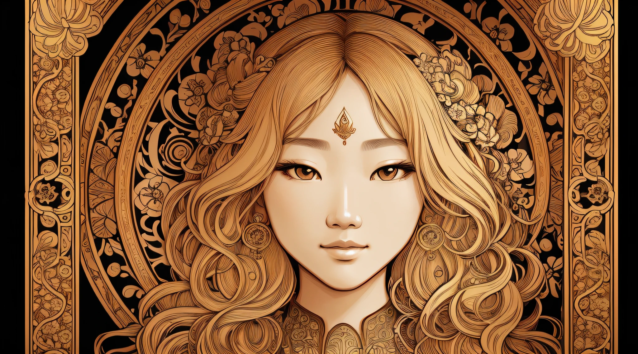 Facial portrait of Asian woman, long curly hair, blonde hair, floral frame, decorative panels, abstract art, Alphonse Mucha (masterpiece, best quality, high resolution: 1.4), detailed, intricate details, 4K, color splash, line art, Fibonacci, --auto