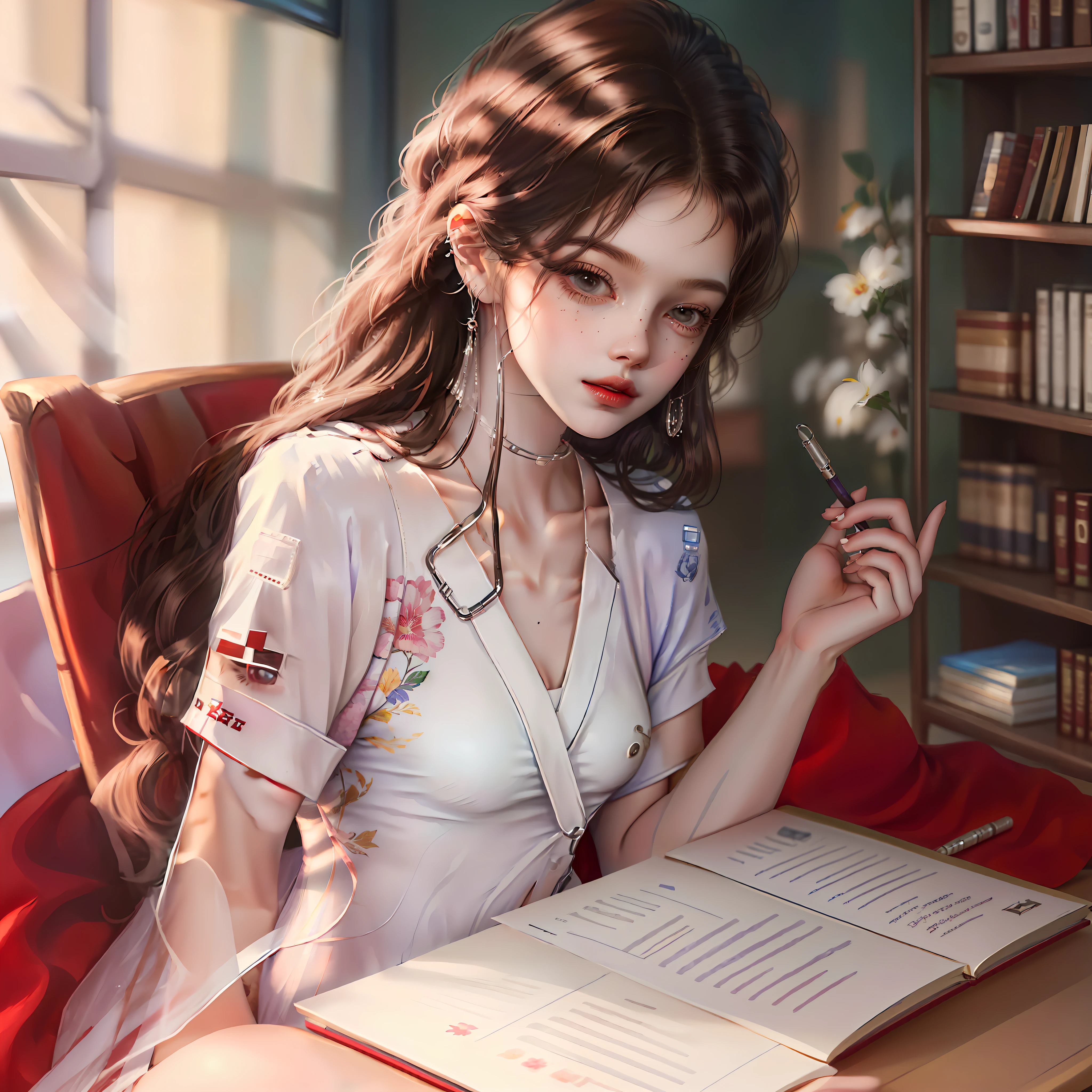 A very beautiful young woman nurse sitting and writing something, UHD, 8k, beautiful