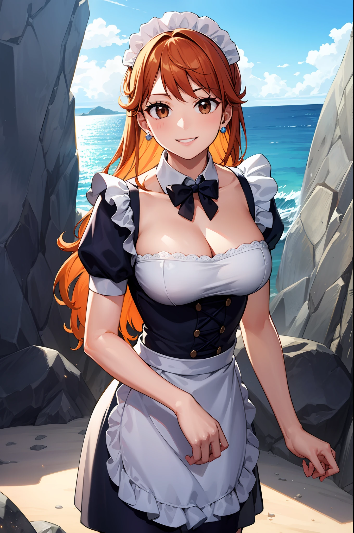 masterpiece, ((ultra detailed background, delicate pattern, intricate detail)), (highly detailed, fine details), best quality, beautiful lighting, (( breasts, slim girl)), NamiV3, ((maid dress)), bavarian outfit, cleavage, 1girl, orange hair, solo, long hair, jewelry, brown eyes, smile, earrings, blue tattoo, (complex detailed background, barren land, rocks, ocean, oustide, nature environment), (cowboy shot),