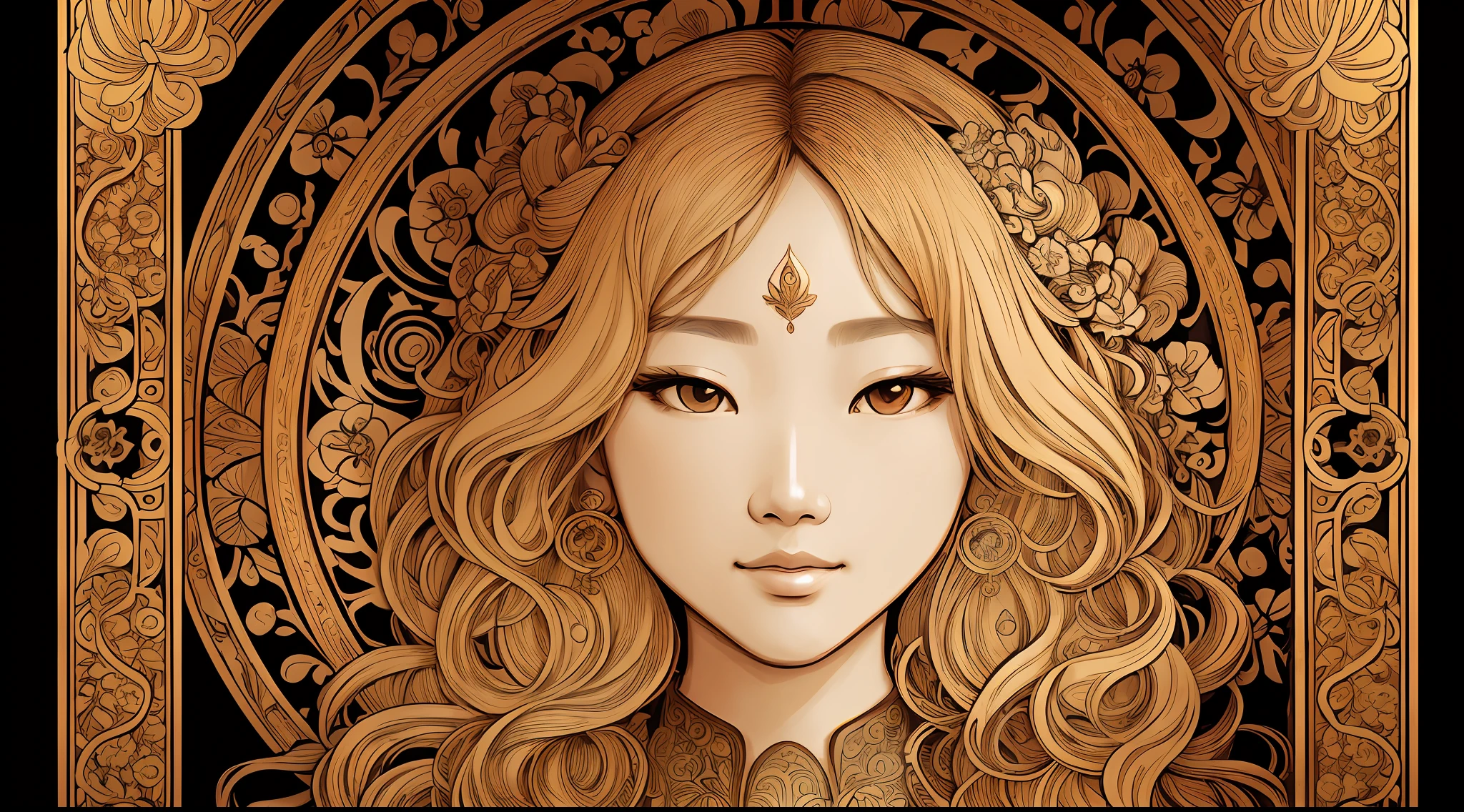 Facial portrait of Asian woman, long curly hair, blonde hair, floral frame, decorative panels, abstract art, Alphonse Mucha (masterpiece, best quality, high resolution: 1.4), detailed, intricate details, 4K, color splash, line art, Fibonacci, --auto