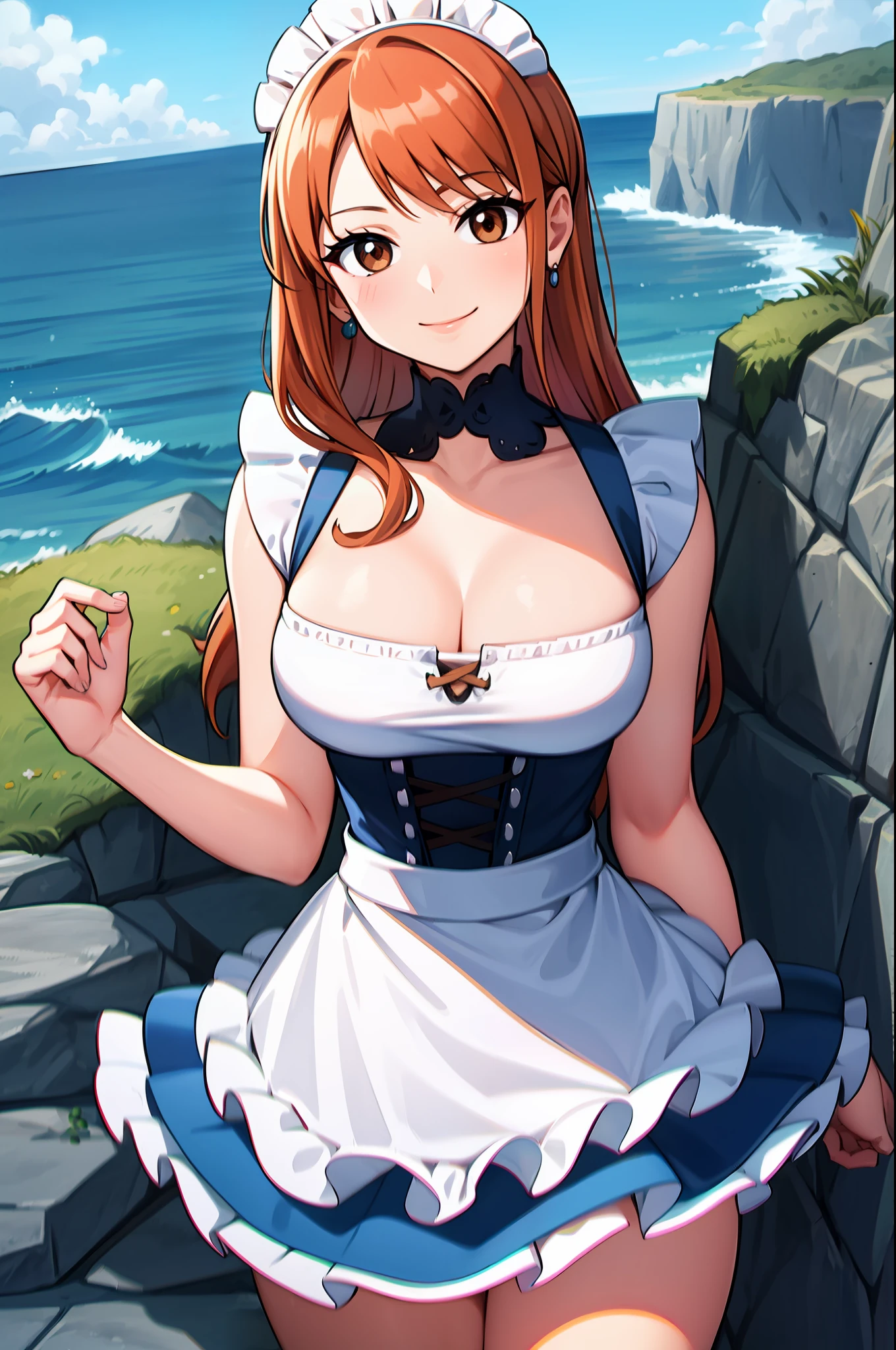 masterpiece, ((ultra detailed background, delicate pattern, intricate detail)), (highly detailed, fine details), best quality, beautiful lighting, (( ???????, slim girl)), NamiV3, ((maid dress)), bavarian outfit, cleavage, 1girl, orange hair, solo, long hair, jewelry, brown eyes, smile, earrings, blue tattoo, (complex detailed background, barren land, rocks, ocean, oustide, nature environment), (cowboy shot),