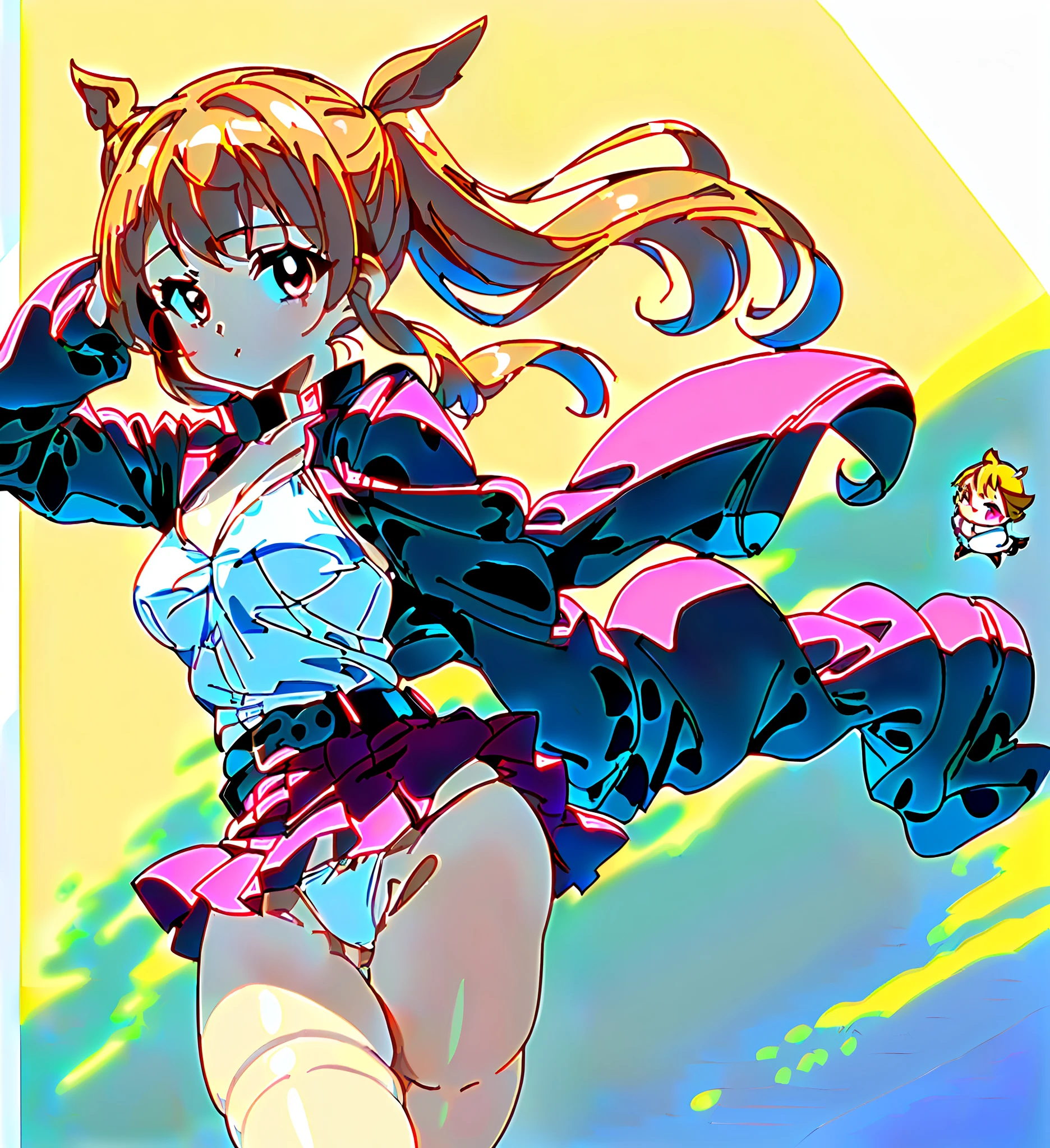 Highest image quality 8K、top-quality、masterpiece)1.2、(realisitic、Photorealsitic)1.4、ultra-detailliert、1girl in、cute little、独奏、Picture-like images、Science Ninja Team G3 Jun's Kick、rialistic photo、Beautiful facial features、Left hand near the head、beautiful thigh、Nohel、Wearing a pink leather miniskirt.、Brilliant kick, White panties are visible、Pink Leather、Pitch Pichi、Beautie、I took off my helmet、Longhaire、Beautie、Dramatic style、, poneyTail, 80s anime ova style, Retro futuristic