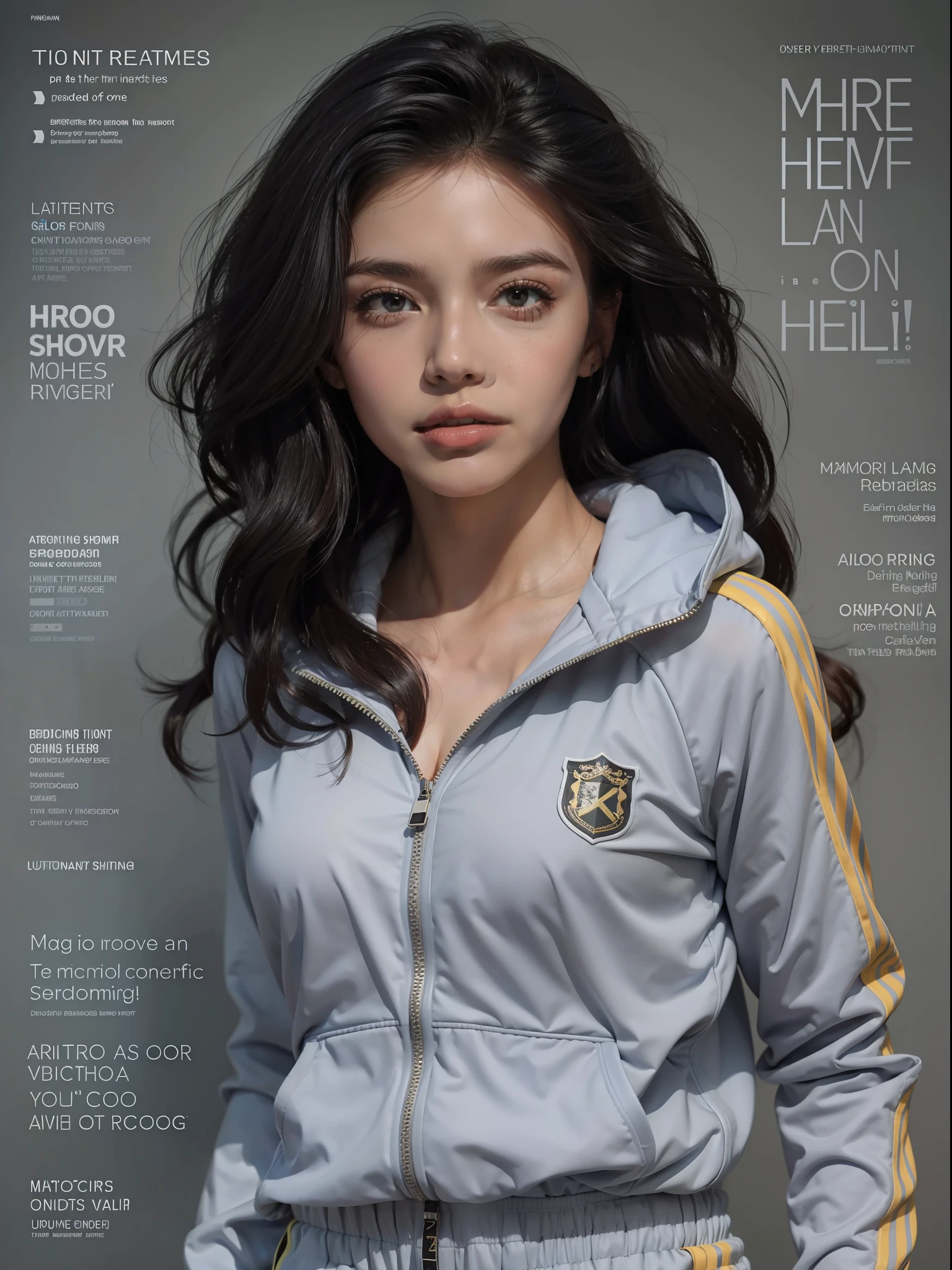 Exquisite facial features,Beautiful female teacher,cabelos preto e longos,track suit,hot pant,The upper part of the body,in front of a school,Mid-range vision((MagazineCover))