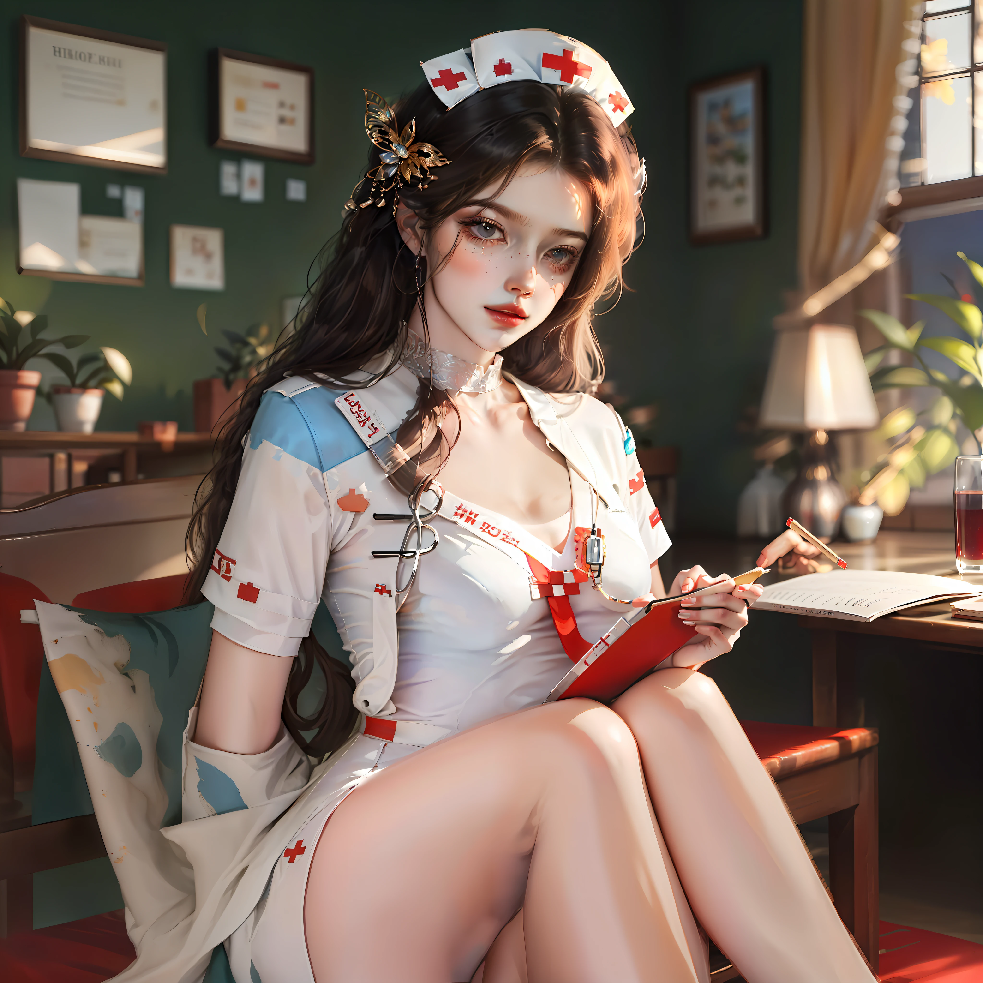 A very beautiful young woman nurse sitting and writing something, UHD, 8k, beautiful