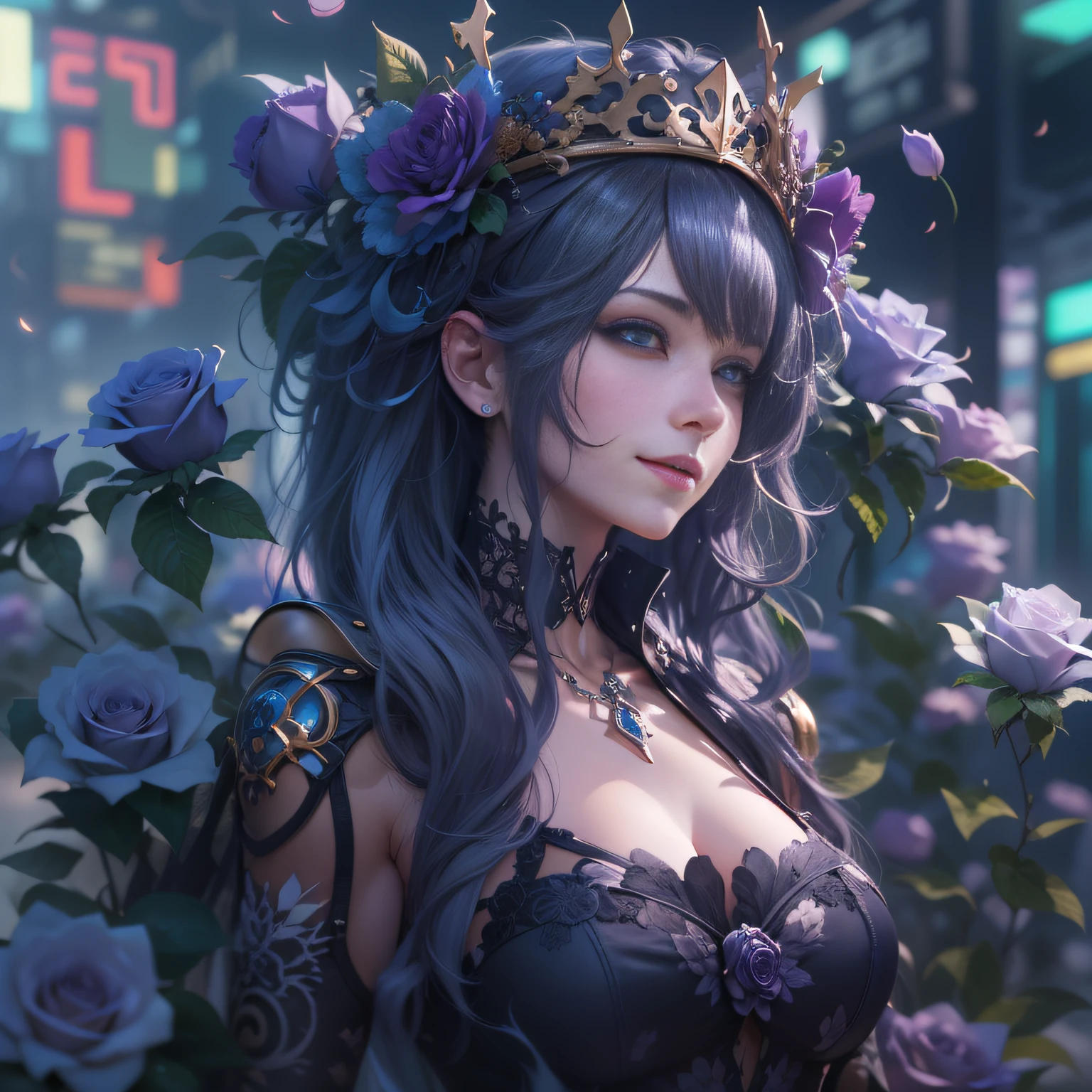 Anime girl with purple roses and crowns, Cyberpunk Art by Yang J, cgsociety contest winner, gothic art, 8k high quality detailed art, Detail Digital Animation Art, gothic maiden anime girl, 4k detailed digital art, 4k detailed digital art, 2.5 d cgi anime fantasy artwork, Intricate and colorful anime CGI style, s whole body, Detail, Big, Clear eyes, Lovely smile