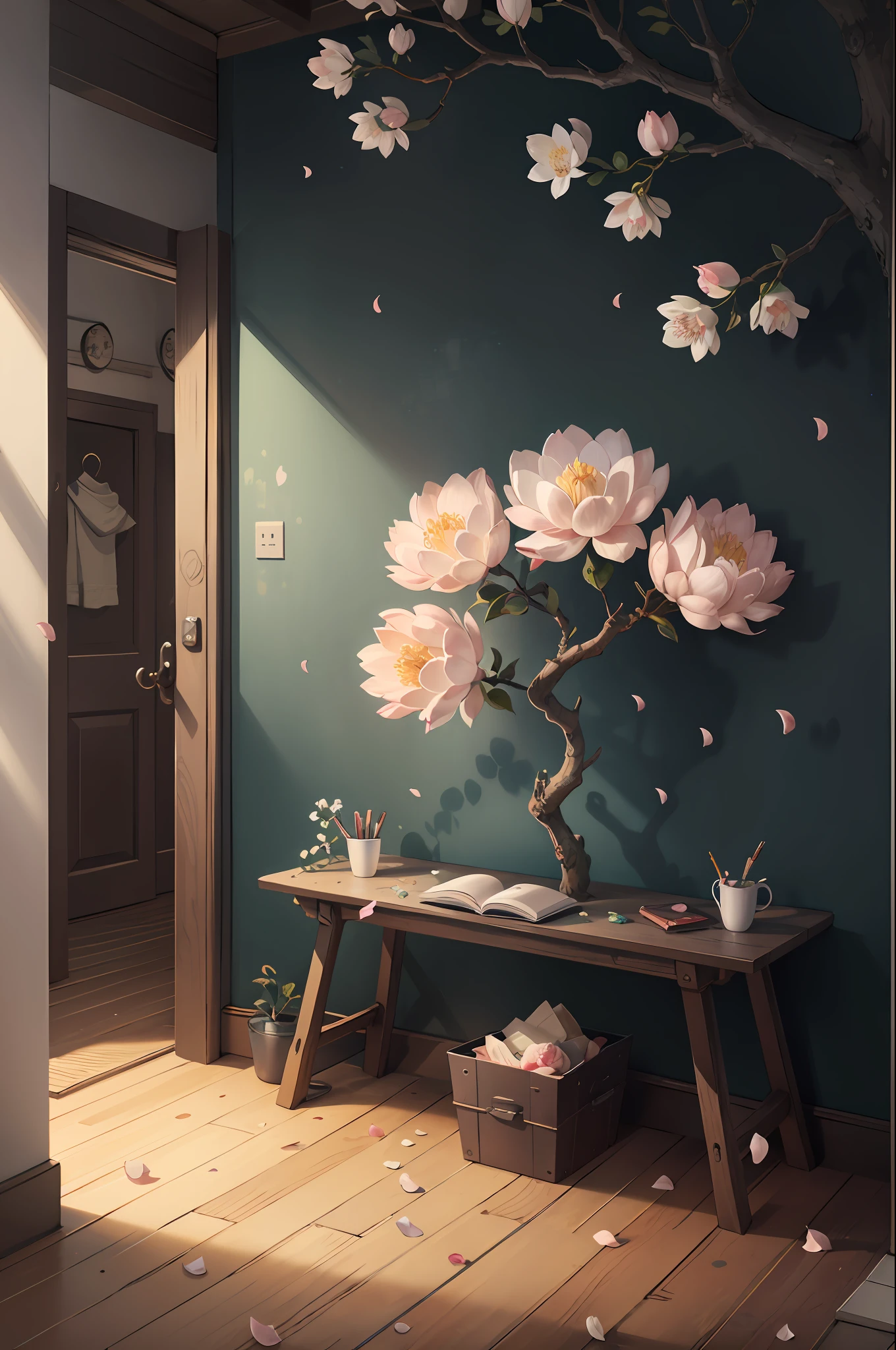 Original，（illustratio：1.1），（best qualtiy），（tmasterpiece：1.1），（the Extremely Detailed CG Unity 8K Wallpapers），（a color：1.2），Cherry white magnolia tree，Magnolia petals，scenecy，rios|Wagas，