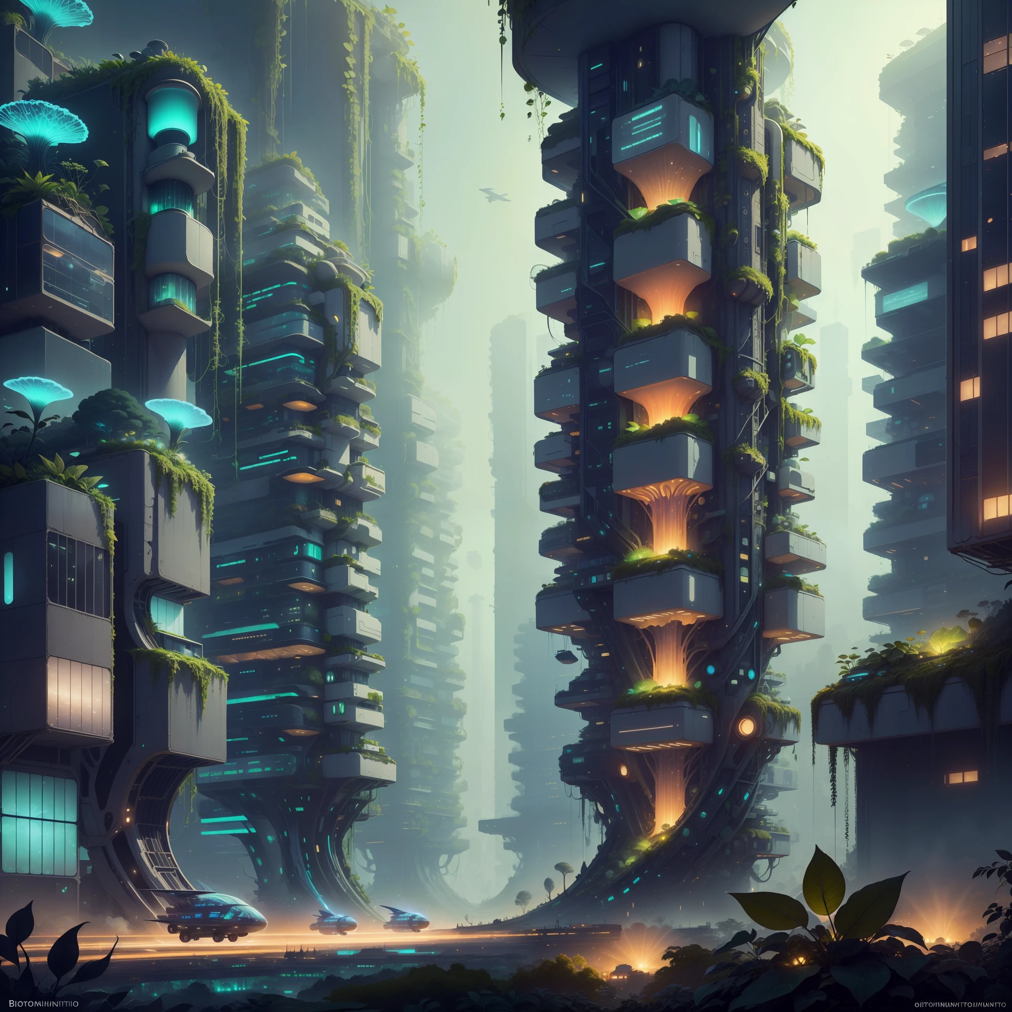 BiophyllTech, bioluminescent, all-organic, utopian,
city, urban area, aircraft, --auto