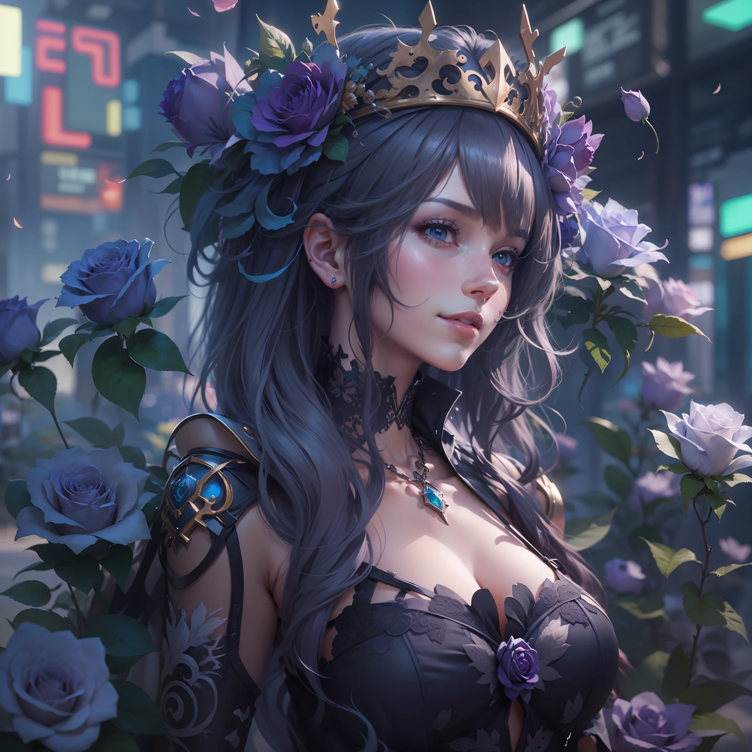 Anime girl with purple roses and crowns, Cyberpunk Art by Yang J, cgsociety contest winner, gothic art, 8k high quality detailed art, Detail Digital Animation Art, gothic maiden anime girl, 4k detailed digital art, 4k detailed digital art, 2.5 d cgi anime fantasy artwork, Intricate and colorful anime CGI style, s whole body, Detail, Big, Clear eyes, Lovely smile