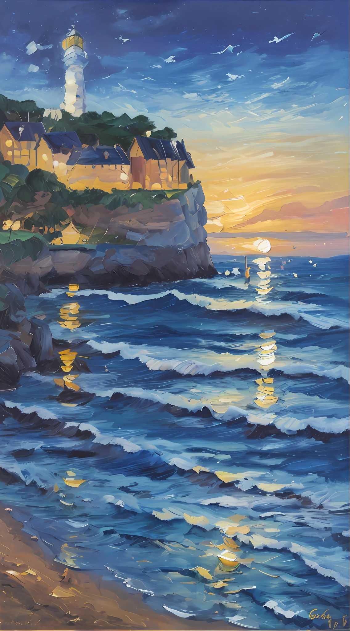 Lighthouse painting on a cliff overlooking the sea, steve henderson, detailed 4 k oil painting, high detailed oilpainting, highly detailed oil painting, inspired by sung choi, Sunset light, cliff side at dusk, 8 K HD detailed oil painting, high detailed oilpainting, detailed oil paint, Sparkling lights on the edge of the cliff, in style of steve henderson