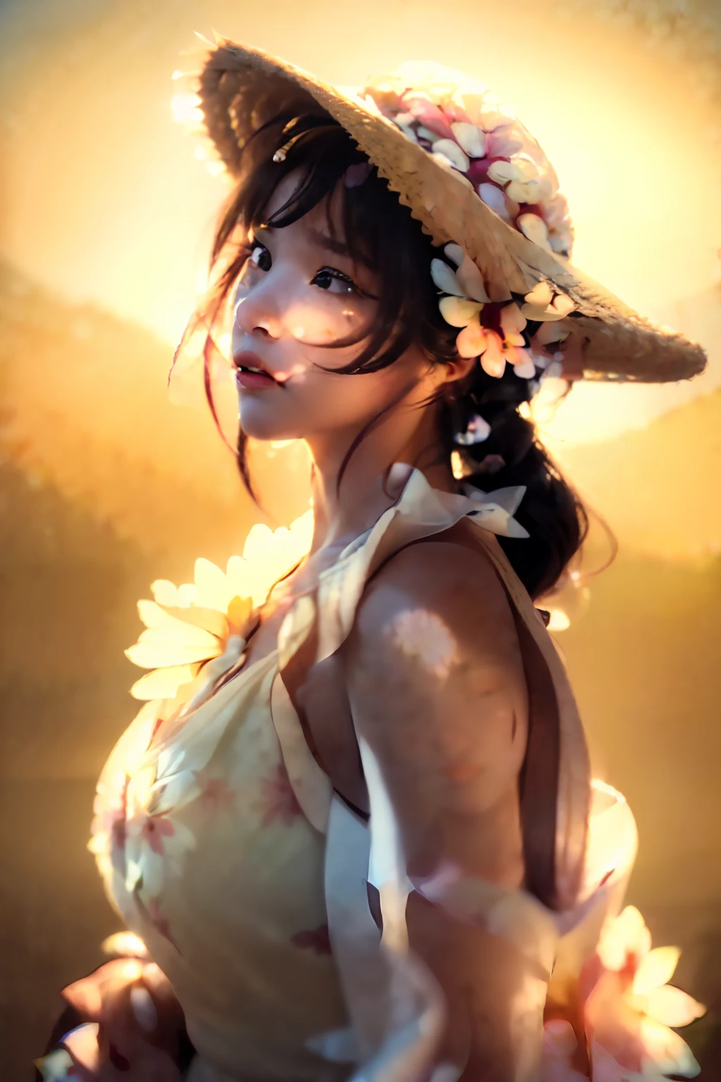 (extreme close up:1.5), (face focus:2),(Style of ???? ???:1.5),
((side face:2)),(1girl surrounded by soft_light:1.5), (backlighting:1.8), (lighting),(flowing fabric:1.3), ((Floral_summer_dress:1.5),(Straw_hat:1.3)),
(masterpiece), realistic, HDR, highly detailed, 8k, raw photo,
ambient occlusion, natural, harmonious composition, warm tones, fine art photography,