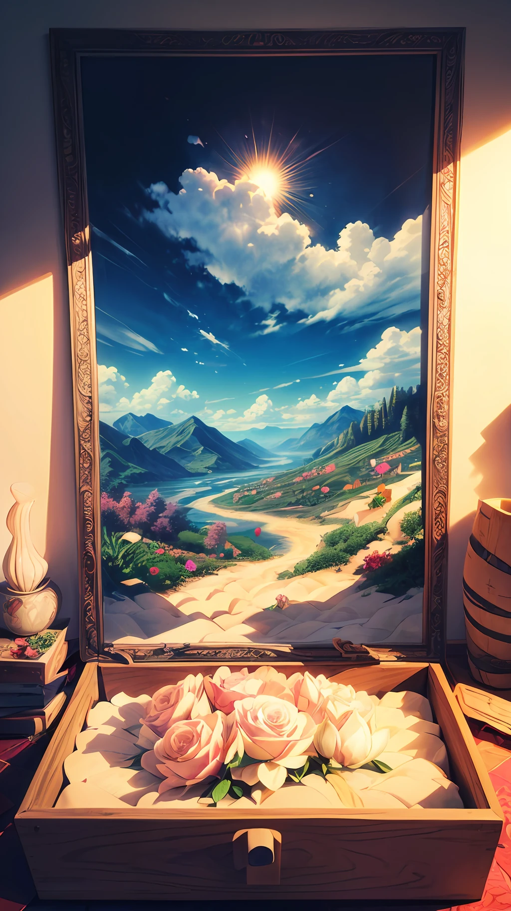 (sandbox:1.4),Movie Angle,(Sun, White clouds, Mountains, ln the forest, rivers),(paper art,Quilted paper art,geomerty),(Extremely colorful, Best quality, Detailed details, Masterpiece, offcial art, movie light effect, 4K, Chiaroscuro),Rose roses,Peach blossoms,Peonies,Tulip tuli,