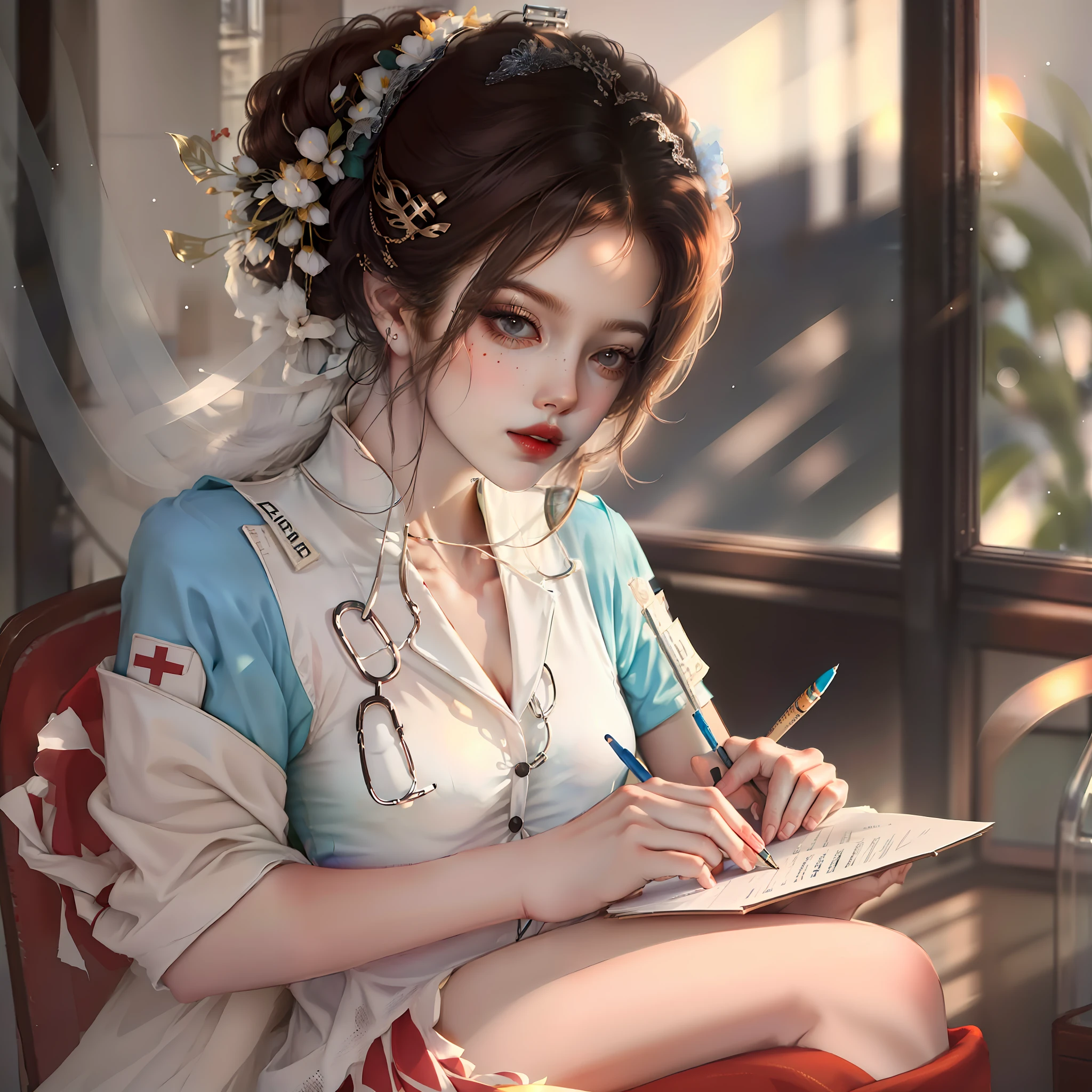 A very beautiful young woman nurse sitting and writing something, UHD, 8k, beautiful