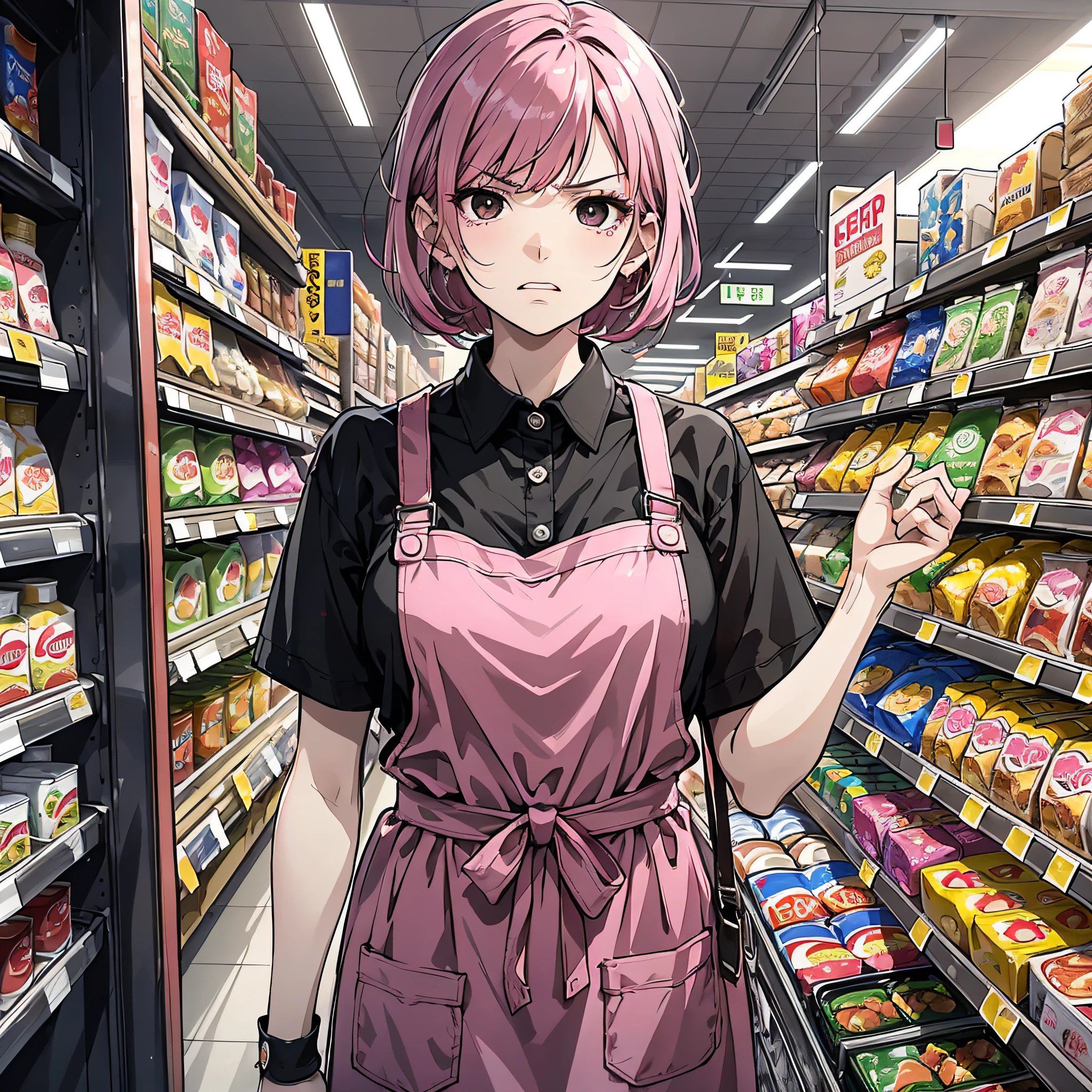 Ridiculous resolution,A high resolution,(tmasterpiece:1.4),Hyper-detailing,pink short hair, 1 middle-aged woman,, Solo, Black eyes, house wife,aprons, 1 Girl with long pink hair,Supermarket,angry look,