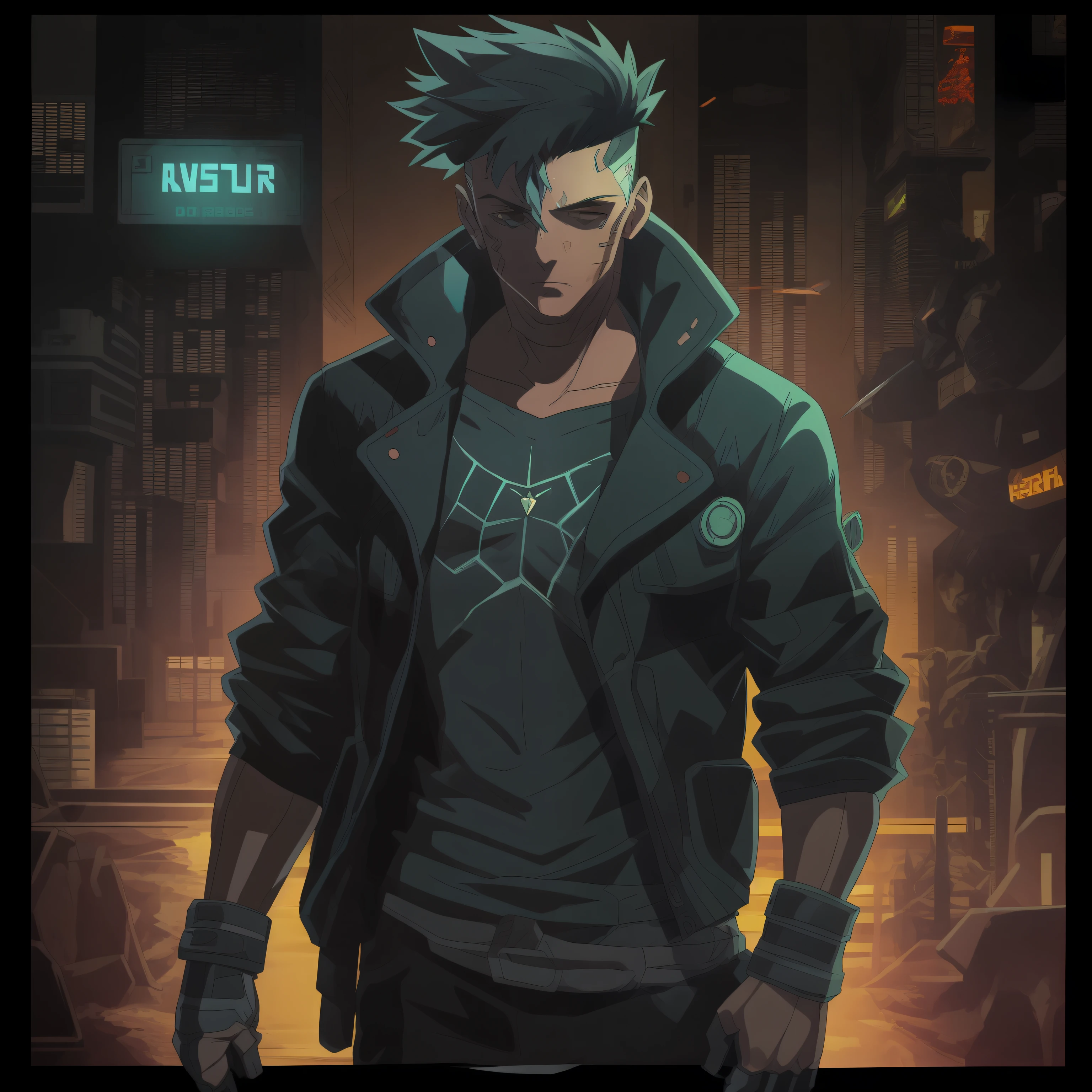 Crie a arte de um personagem humano jovem masculino, estatura mediana e porte normal, vestindo camiseta, jaqueta de trincheira longo da cor preta, estilo detetive noir, inspirado no jogo Shadowrun, cyberpunk noir fantasy