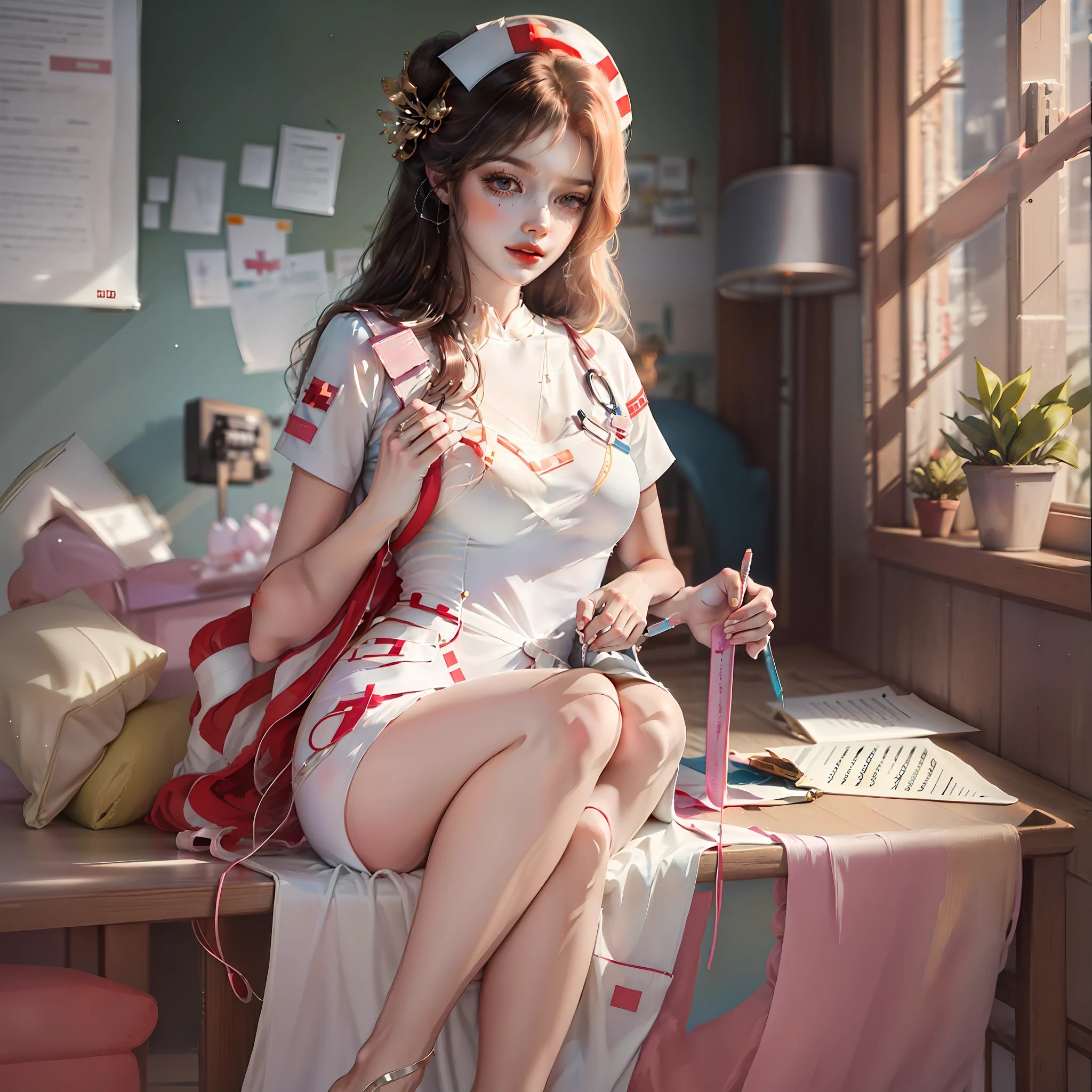 A very beautiful young woman nurse sitting and writing something, UHD, 8k, beautiful
