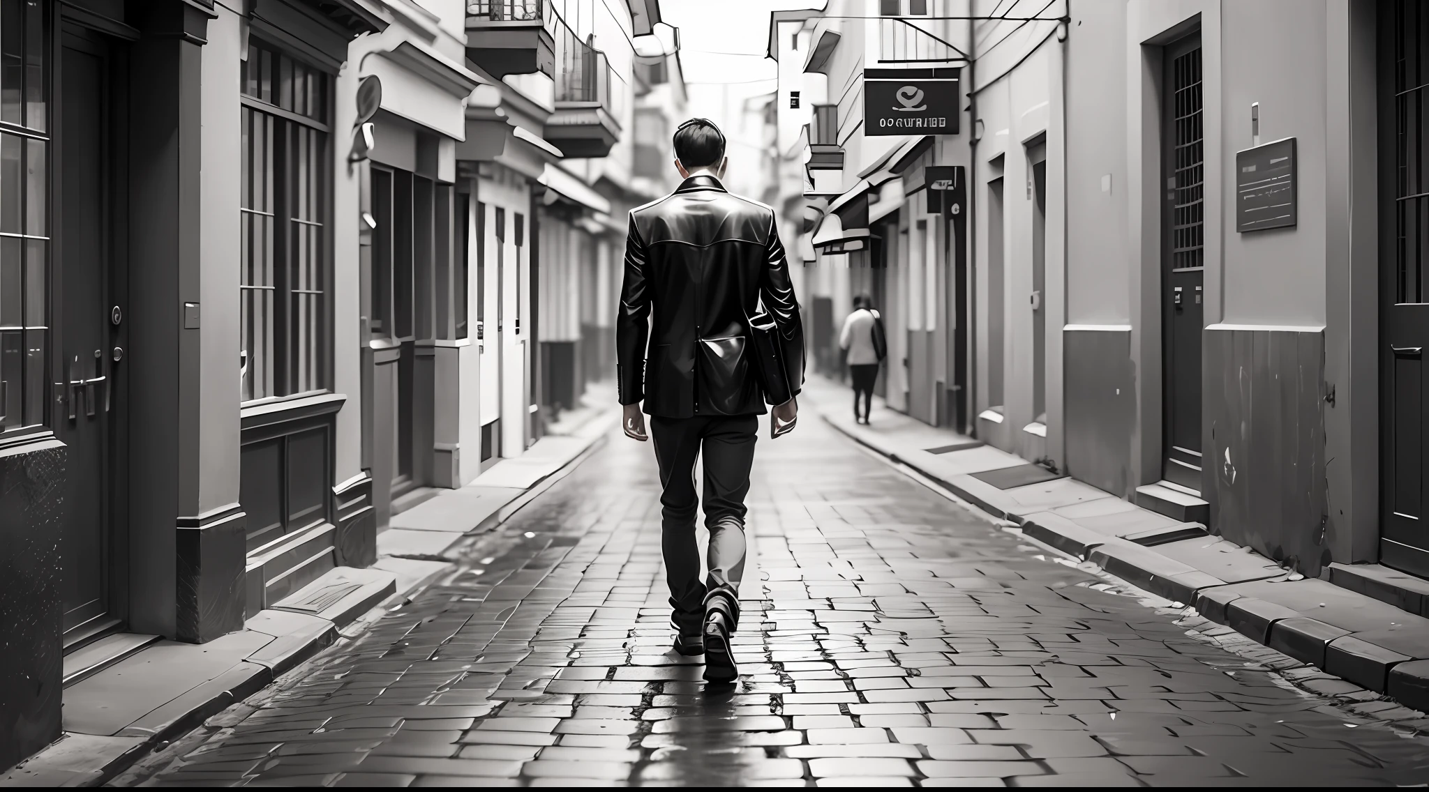 single man, black and white, walking alone in the village --auto --s2