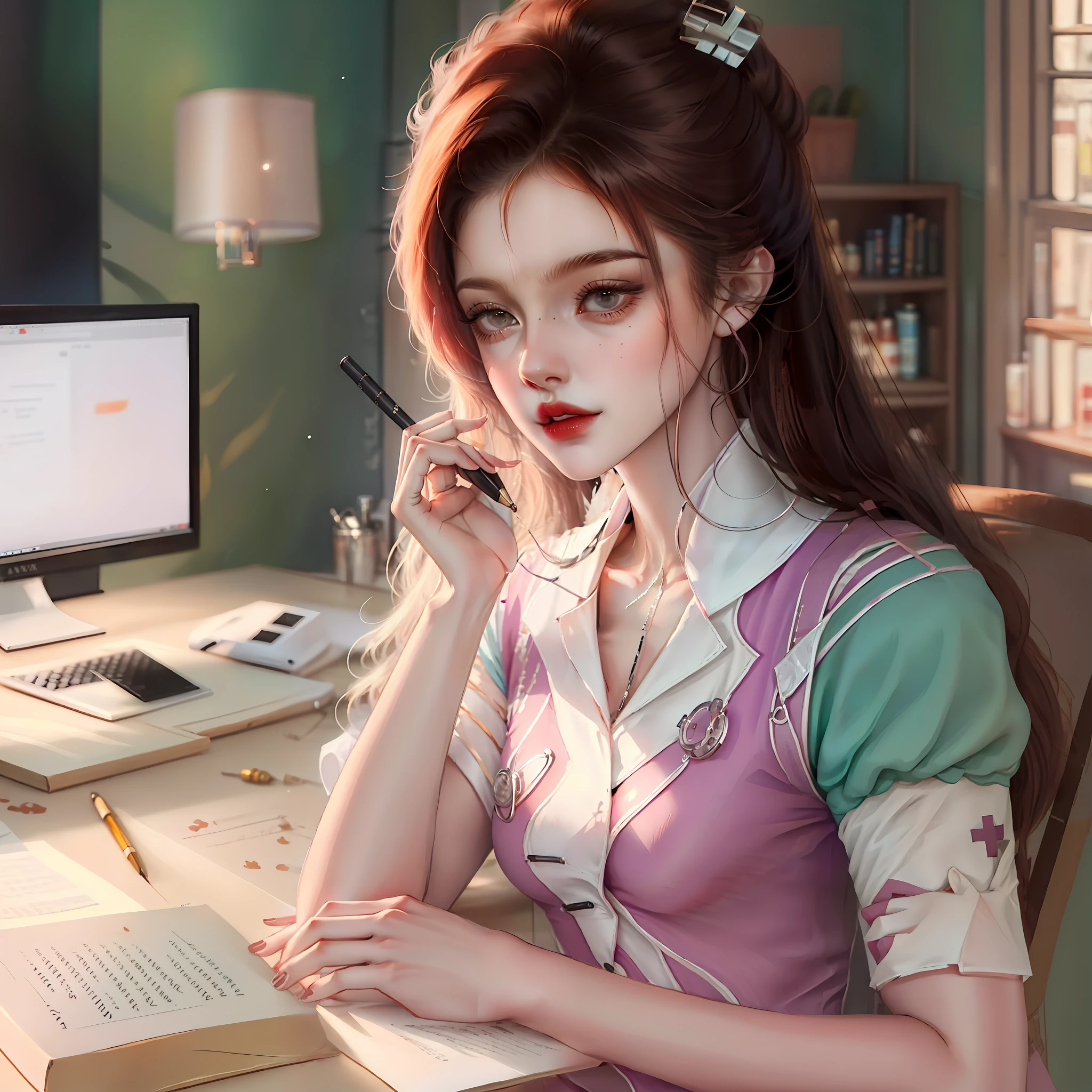 A very beautiful young woman nurse sitting and writing something, UHD, 8k, beautiful