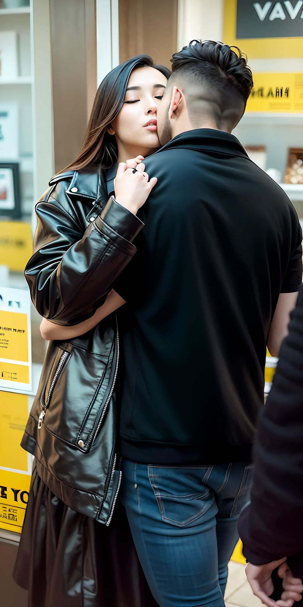 there is a kissing couple standing in front of a store hugging and stroking each other, there is a young girl in a very shiny black laquered coat putting her arm around his neck, over his shoulder, erotic scene, kissing love, kissing in public, blurred detail, very details, candid shot, with his back turned, looking her shoulder, hugging, high details!, hug, couple, holding close, kiss, very close shot, photo still of behind view, touching