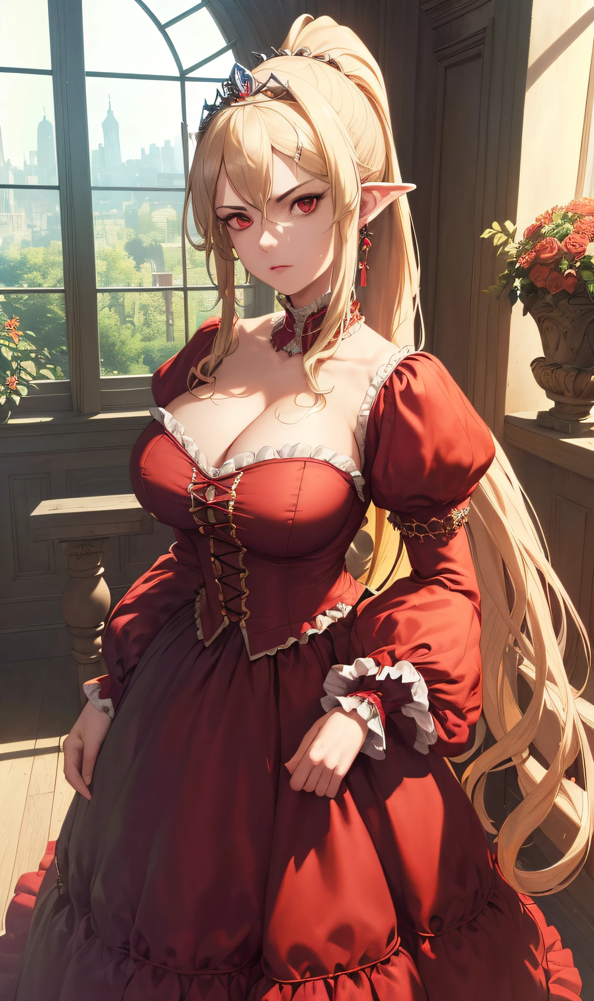(Masterpiece, Best Quality, High Quality, Highres:1.4), Detailed, Extremely Detailed, Ambient Soft Lighting, 4K, Ornate,
Indoors, (Renaissance, Vintage:1.4), Plants, Window,
1Gril, (Solo:1.4), (Milf:1.2), Standing, Upper Body, (Face Focus:1.2),
(Extremely Detailed Hair:1.2), Blonde Hair, Long Hair, Long Sidelocks, Bangs, (Hair Intakes, High Ponytail:1.4),
Expressionless, Emotionless, (Red Eyes, Glaring, Contempt, Disgust, Looking at Viewer:1.2),
Curvy, Huge Breasts, Skindentation, (Bursting Breasts:1.2),
(Tiara:1.2), Crown, (Cleavage, Strapless, Red Dress, Frilled Dress, Long Skirt, Puffy Skirt, Puffy Sleeves, Juliet Sleeves, Long Sleeves:1.2), Jewelry,
