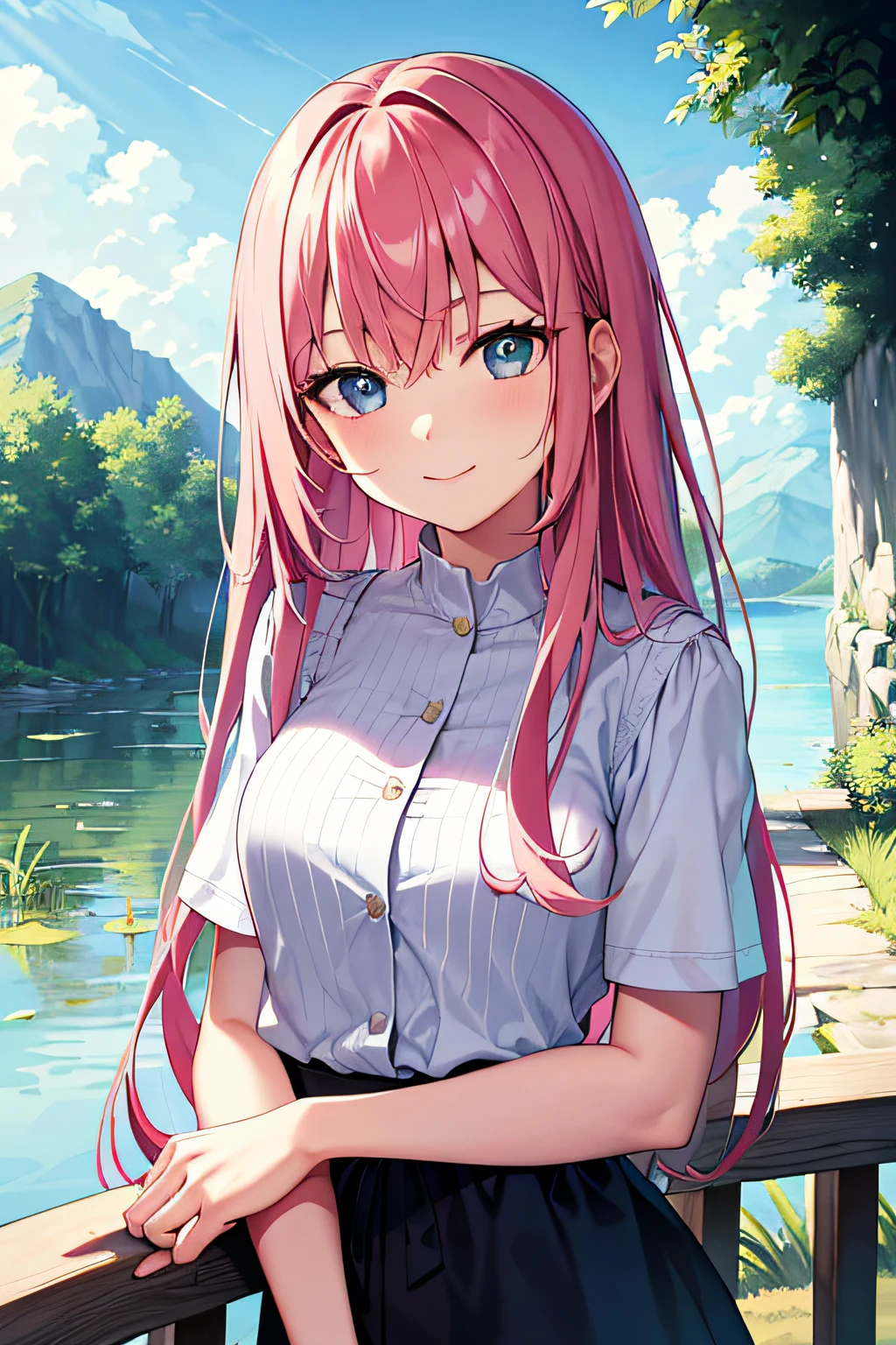 Masterpiece, Best quality, 1girll, Upper body, Nature, reeds, full bloom, Light smile, Long hair, Pink hair, Blue eyes, angle of view,from the front side, self-shot