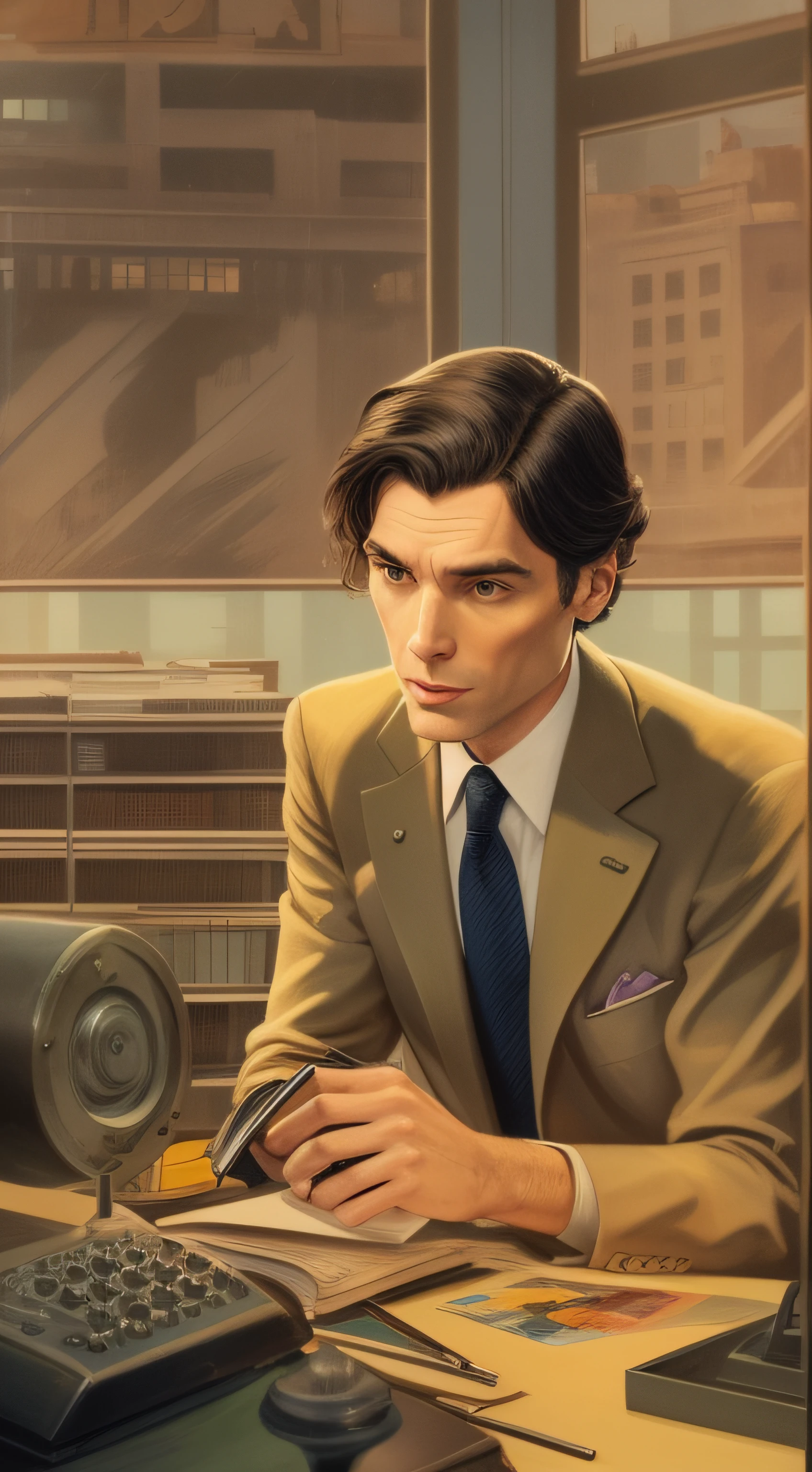 Um personagem com estilo dos anos 1940, representing the physicist and creator of the atomic bomb, with striking and charismatic traits of actor Cillian Murphy. He has dark hair and an enigmatic smile. Wear a classic suit, with pocket handkerchief and well-polished shoes. It's in an office environment with large windows and art deco architecture, in a pose of presentation of a revolutionary project, Pintura digital com cores vivas e detalhes vintage, --AR 16:9 --V 5
