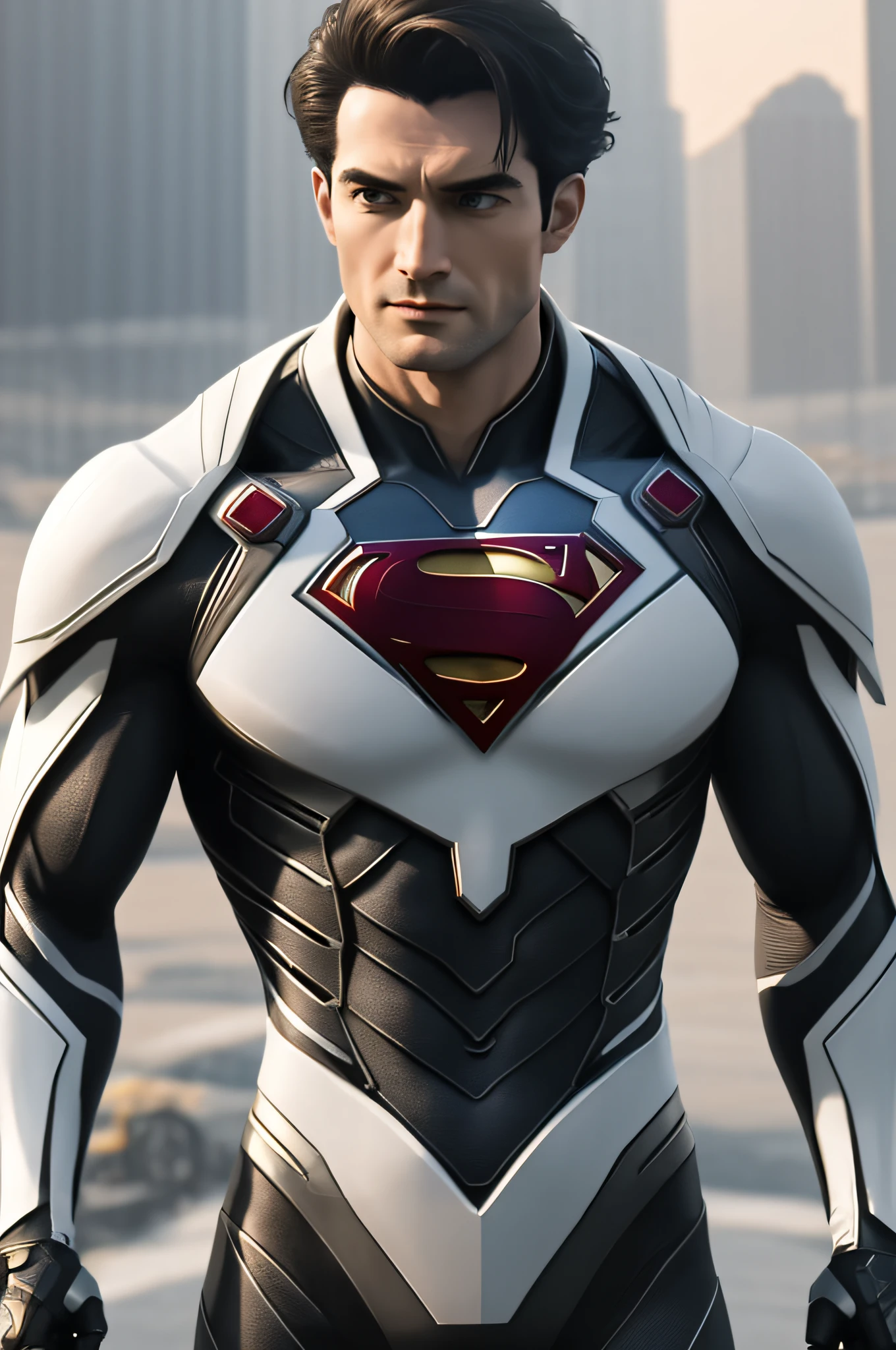 Handsome Man, Cybernetic Figure Superman, HDR (high dynamic range), ray tracings, NVIDIA RTX, SuperResolution, Unreal 5, Subsurface Scattering, PBR Textures, Post Processing, Anisotropic Filtering, Depth of Field, Maximum Sharpness and Sharpness, Multilayer Textures, Albedo and Highlight Maps, Surface Shading, Accurate Simulation of Light-Material Interactions, Perfect Proportions, Octane Rendering , Bicolor Light, Wide Aperture, Low ISO, White Balance, Rule of Thirds, RAW 8K, Full White Suit, Red Cable.