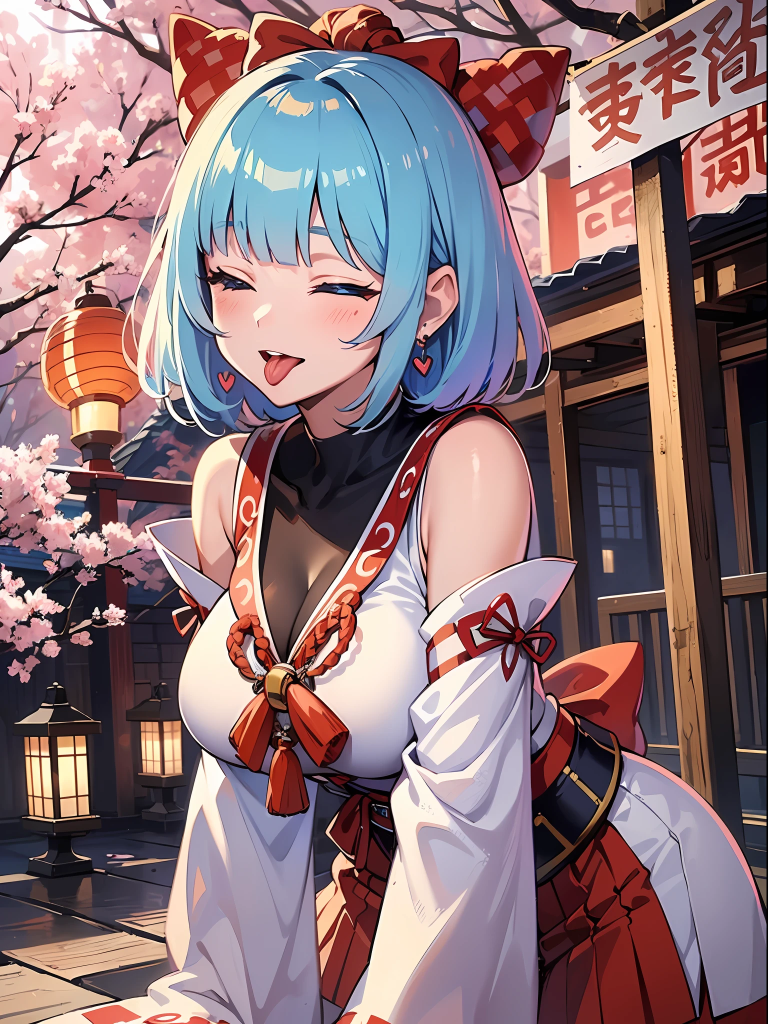 (masterpiece:1.3), (best quality:1.3), high resolution,
dutch angle, couboy shot,
leaning forward, breast squeeze, body facing forward,
(one cute girl:1.3), solo,
white skin, small Breast, eight-headed person,
light blue hair, (bobbed hair:1.2), (short hair:1.2), (blunt bangs:1.2), beautiful hair, blue eyes, beautiful detailed eyes,
(tongue out:1.3), blush, heart, cheerful smile, one eye closed,
shrine maiden, white and red shrine maiden, detached sleeves, earrings,
outdoors, shinto shrine, japanese style town, cherry tree,
shadowlighting,