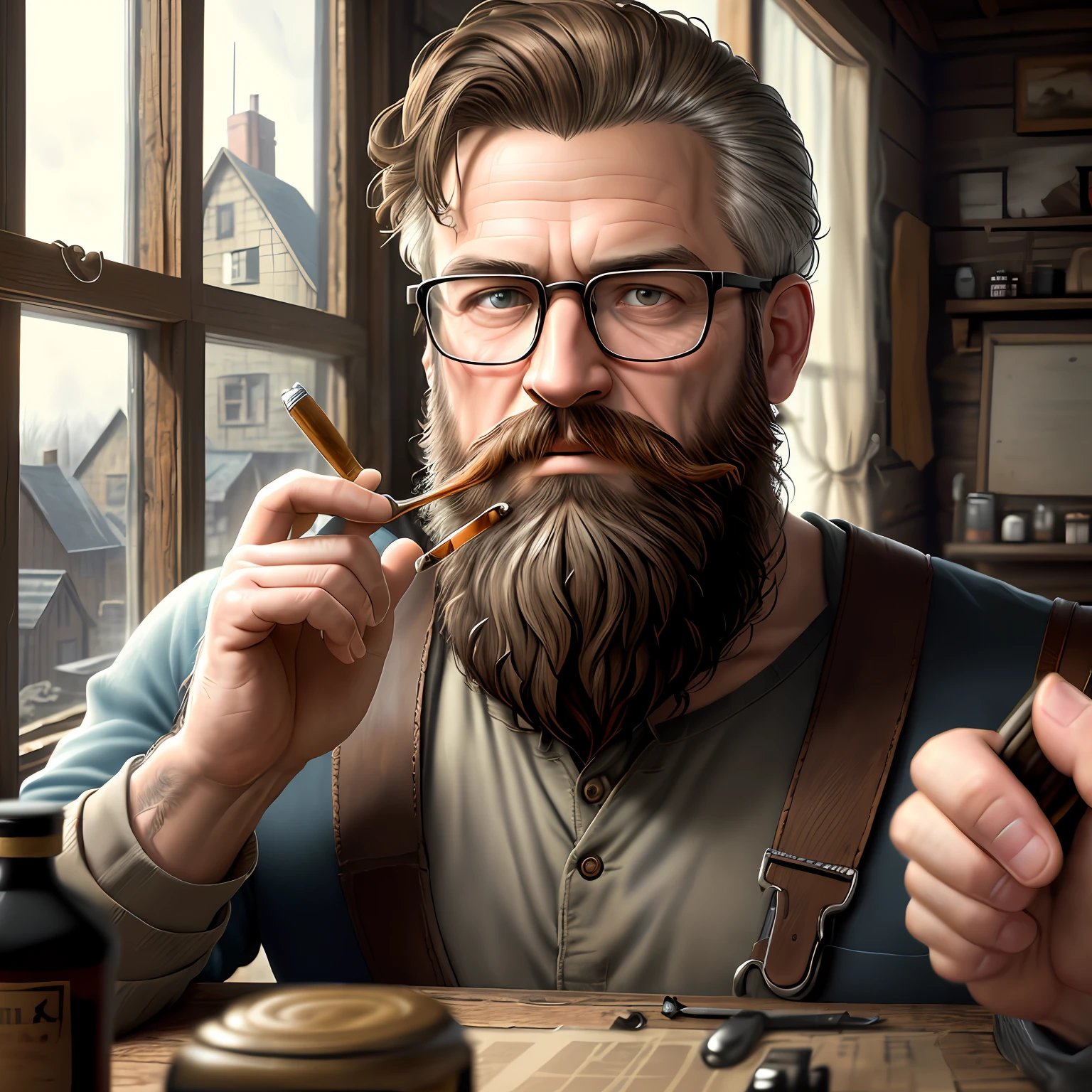 (masterpiece) (cinematic) finely detailed realistic 35 year old man fixing a radio (finely detailed face, realistic face, detailed skin, detailed texture, detailed eyeglasses, detailed beard, cigarette, whiskey, perfect hands, detailed hands ), workshop background (abandoned, rustic building, scenery with highly detailed parked tools, decoration frames, light coming through the window) realistic photo, with lots of details and in 4k (brown tones)