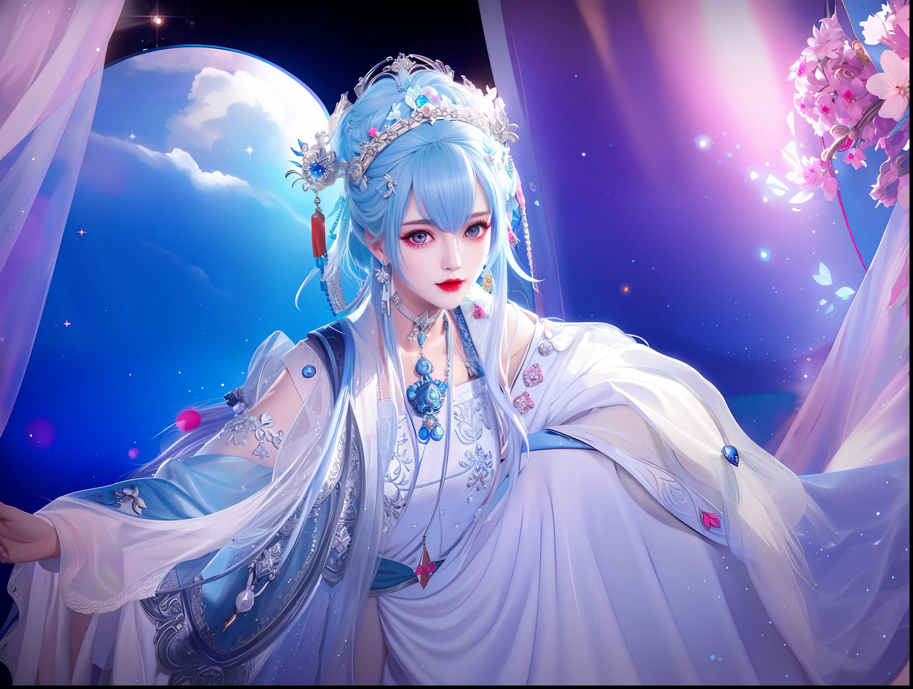 Best quality at best, tmasterpiece, A high resolution, Hanfu, White and even teeth, hair adornments, choker necklace, jewely, crown jewelry。Nice face, The upper part of the body, Tyndall effect, photograph realistic, Border light, Two-tone light, (High Detail Skin: 1.2), 8K UHD, digital SLR camera, softlighting, high high quality, volumettic light, A high resolution, (Light pink lips), photorealisti, highly-detailed face, Super 8K, long whitr hair, brunette color hair, chest circumference, luxurious palace, Royal style home, Very sharp and detailed makeup, Best face, (mediuml breasts), Enchanted smile, Beautiful eye makeup, dark red lips, (sportrait), There is a woman with blue hair and a white dress, ((a beautiful fantasy empress)), xianxia fantasy, Palace, A girl in Hanfu, white-haired god, Chinese fantasy, chinese empress, bokeh, Surrealism, Tonalism, anime style, 4k, 8k, high details, textured skin, UHD, 8k, masterpiece, super detail