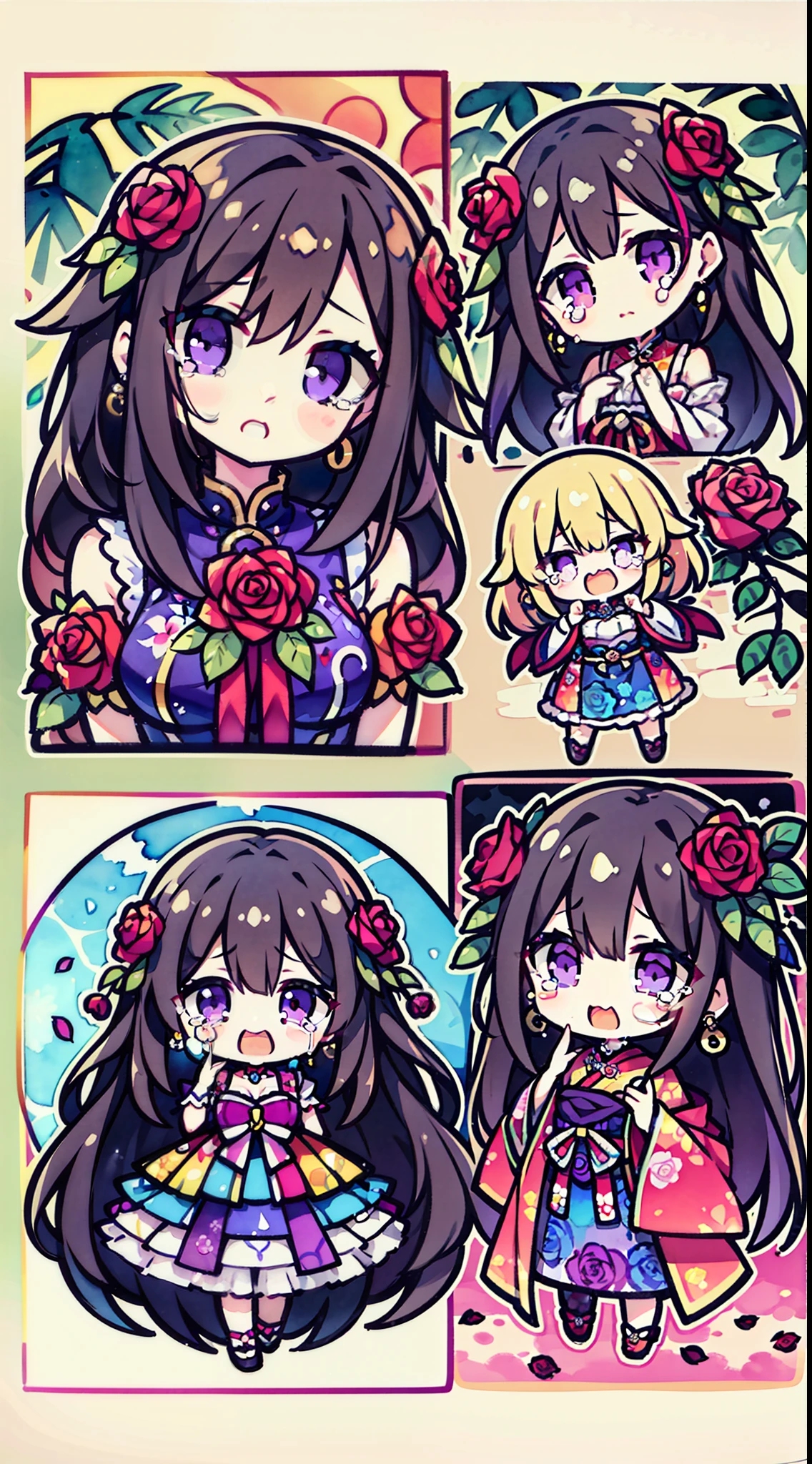 (aquarelle:1.3), (aquarelle), inky, a beauty girl, 独奏, Multicolor rose flowers, portraitures, fronds, bangss, A dark-haired, The long-haired, Purple eyes, Flower Earrings, (is crying), Full body portrait, 4K resolution, hight resolution, 超A high resolution, Epic shooting, detaileds, acurate, detaileds, (masterpiece)、Chibi