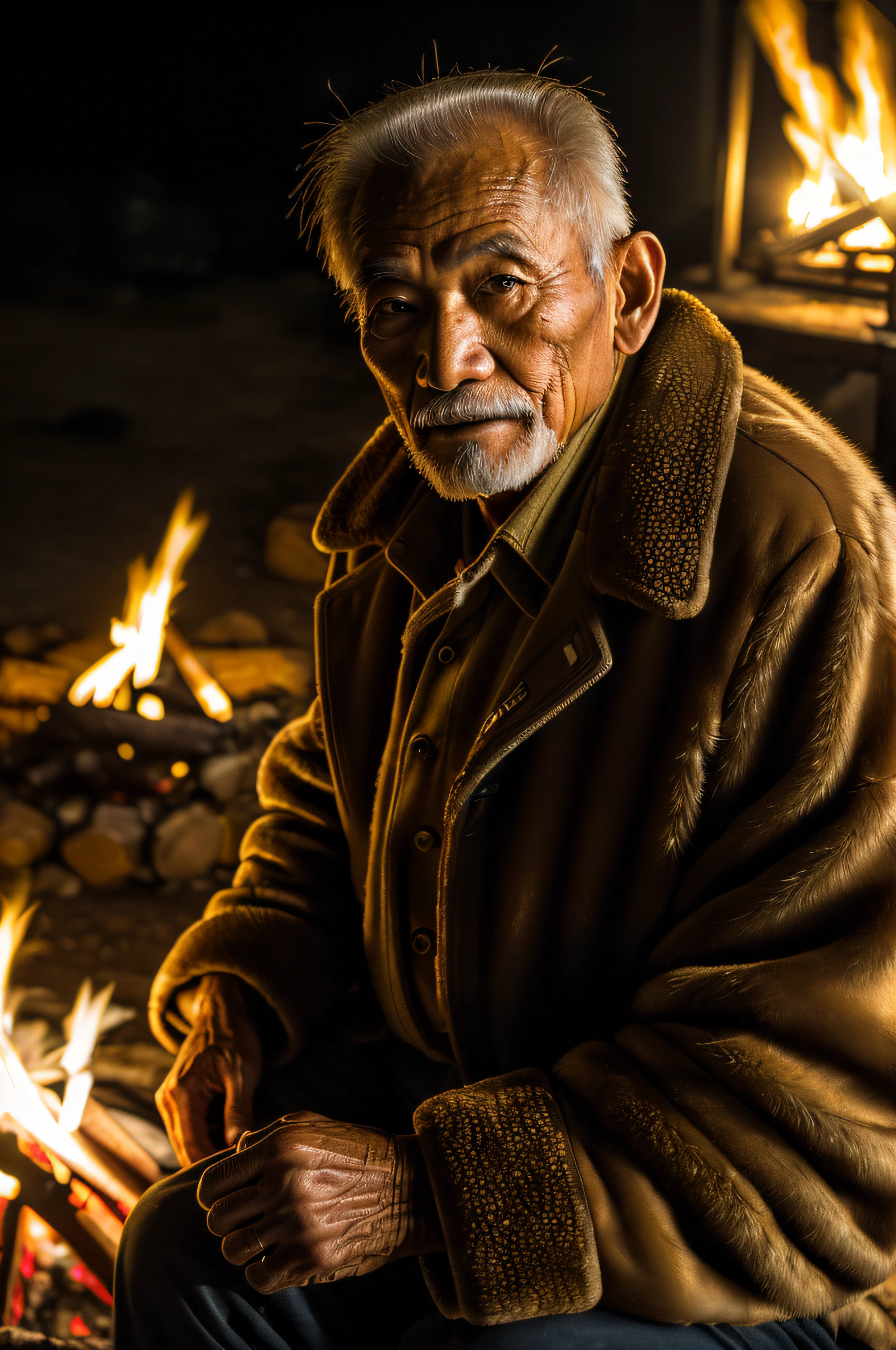 (masterpiece, photorealistic, raw,:1.4), (extremely intricate:1.2), close up, cinematic light, sidelighting, ultra high res, best shadow, RAW, upper body,a close up shot photo of a Vietnamese old man, wearing a thick fur coat, sitting by the camp fire in the middle of the night