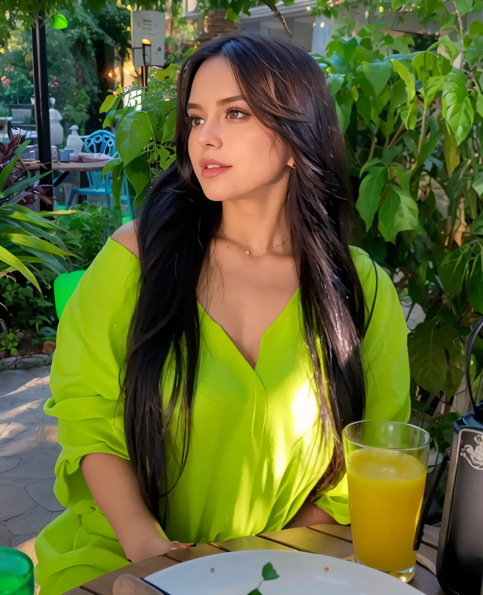 White Caucasian Woman, 25 years old, Sentado en una mesa con un plato de comida y un vaso de jugo de naranja, ((with a nice neon green dress)), with long dark brown hair, (((With a nice garden in the background))), Model of the photograph at a greater distance, Editorial style photography, Cinematographer, Hasselblad, intrincado, natural  lighting, (Piel mate), ((Poros)), Cara detallada, sentido de escala, epopeya, Film composition, volumetric illumination, crisp lines, , Colores saturados dos, (((fotorrealista))) 4k, fotorrealista