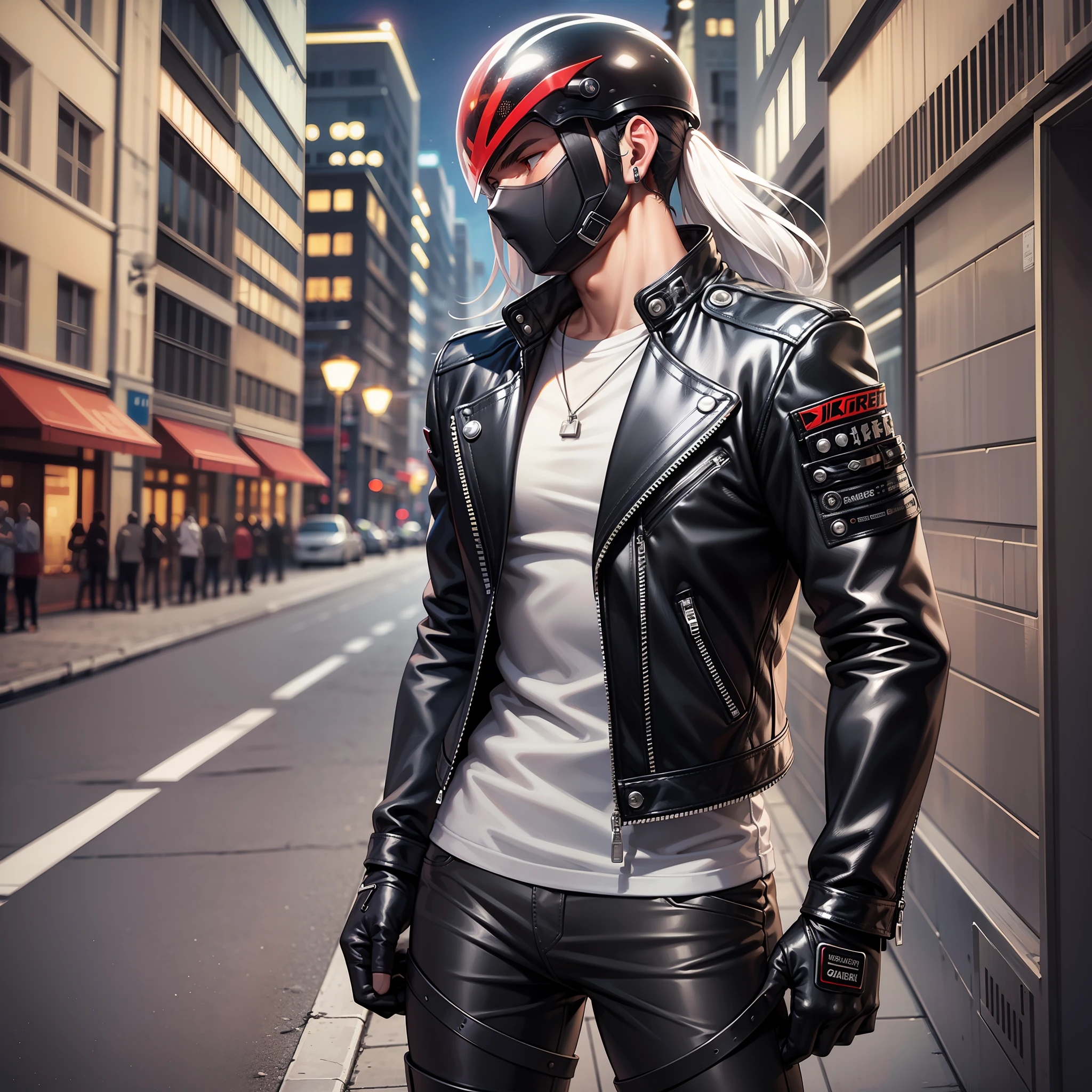 Handsome male, bara, biker helmet on, long white hair, detailed body, leather gloves on, biker jacket, biker pants, biker boots, standing next to bike, nightfall