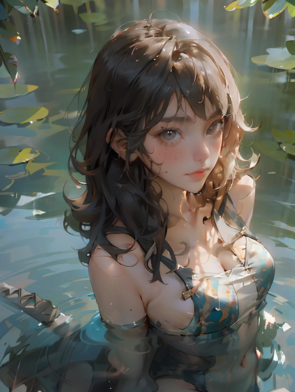 Symmetrical, High Detail RAW Color Photo Professional Close-Up Photo, [:( High Detail Face: 1.2): 0.1], (PureErosFace_V1: 0.8), Double tail, half body, pores, real skin, breast focus, straight up, an 18 year old woman under a waterfall, body in contact with water and ripples around, clear clean water, shining eyes, looking at the audience, wet clothes, transparent clothes, wet body, wet hair, Tyndall effect, lens flare, shadow,, bloom, natural lighting, hard focus, film grain, photographed with a Sony a9 II Mirrorless Camera, by Laurence Demaison