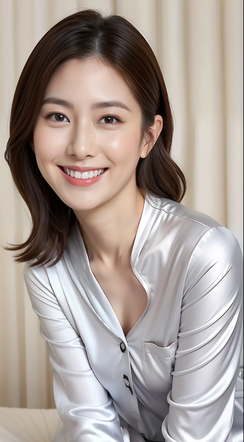 Japan woman in silver pajamas is sitting on bed and smiling,