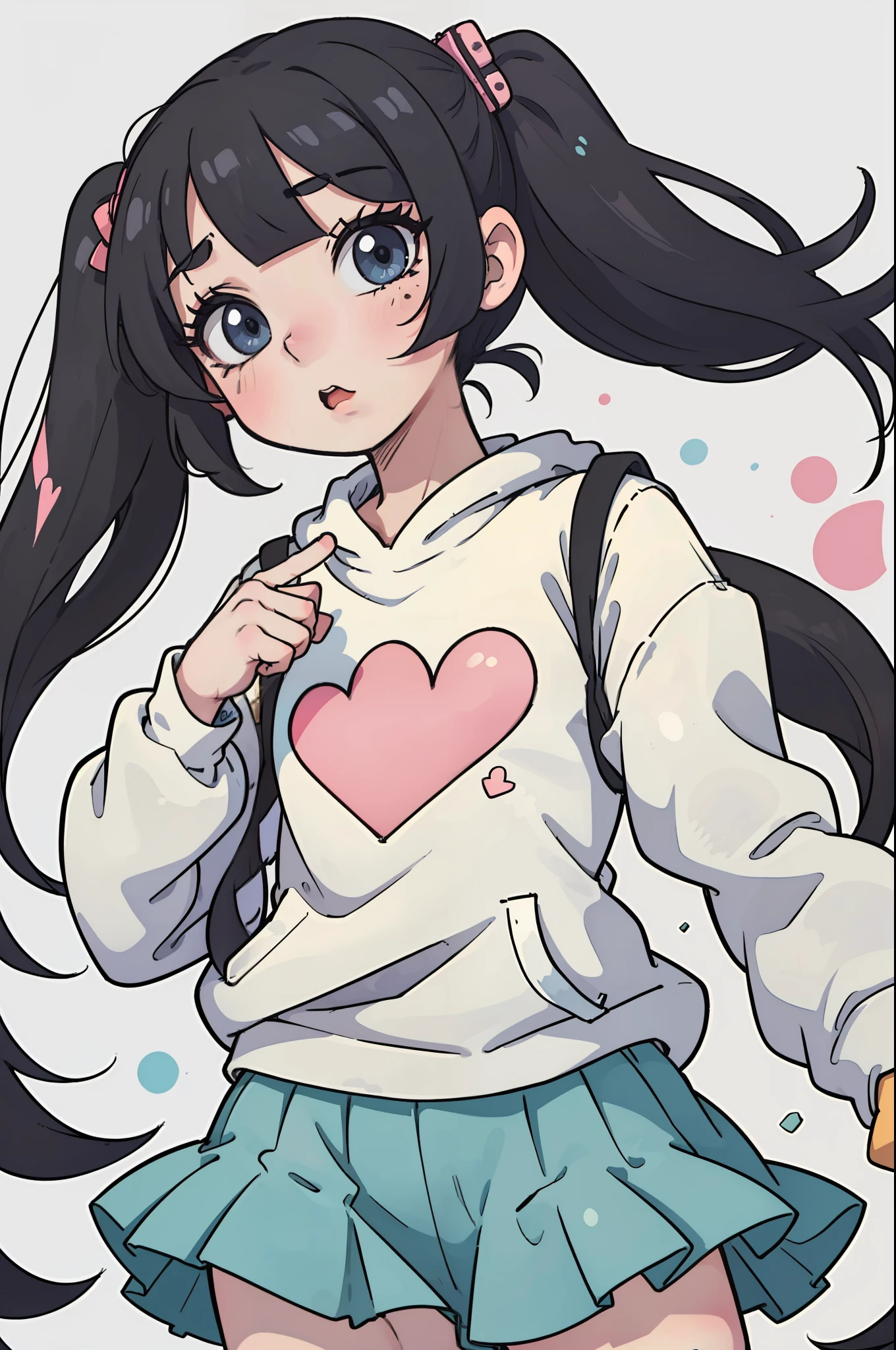 Yume Cute、an anime girl、Head and body are low、Deformed、cartoon、Zito-order、Sickly cute、Harajuku、Casual clothing、Kitschy aesthetics、long eyelashes、Black hair twintails、subculture、Cute fluffy backgrounds、flat-colors