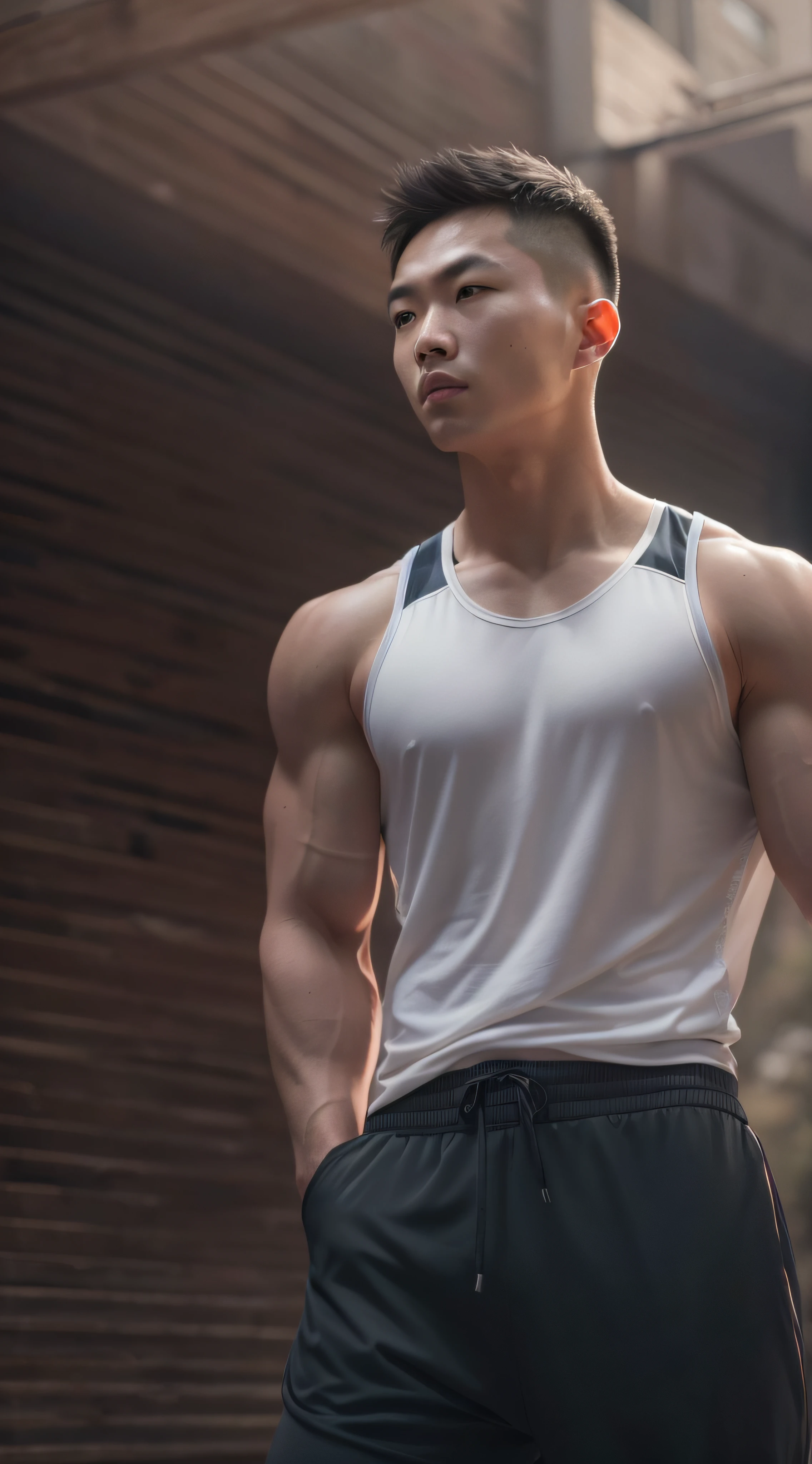 One Chinese(male people), Muscular, Beautiful lines, Smooth face, Smooth skin, White inch, Transparent tank top, The character is centered, Outdoor sports style, Look down at the viewer's perspective, Eye level shots, Fuji Film, god light, Ray tracing, Minimalism, modern, High quality, Masterpiece, hyper HD, A high resolution, 8K