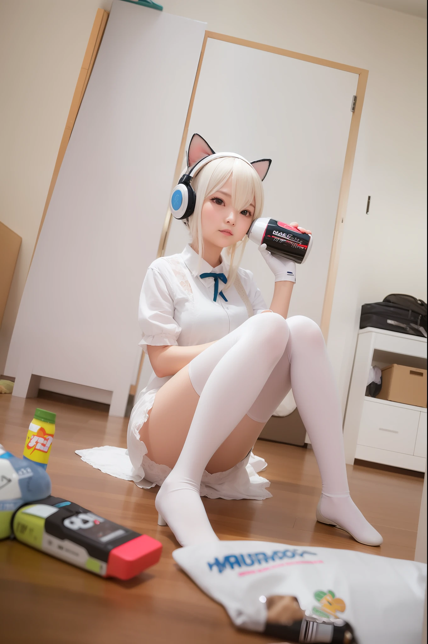There was a woman sitting on the floor,Holding a hair dryer, Anime girl cosplay, cosplay foto, cosplay, Anime cosplay, anime girls drink Energy drink, Ayaka cosplay, the anime girl is crouching, full-cosplay, Anime girl in real life, soda themed girl, cosplay of a catboy! maid! dress, rpgmaker, Waifu, professional cosplay,