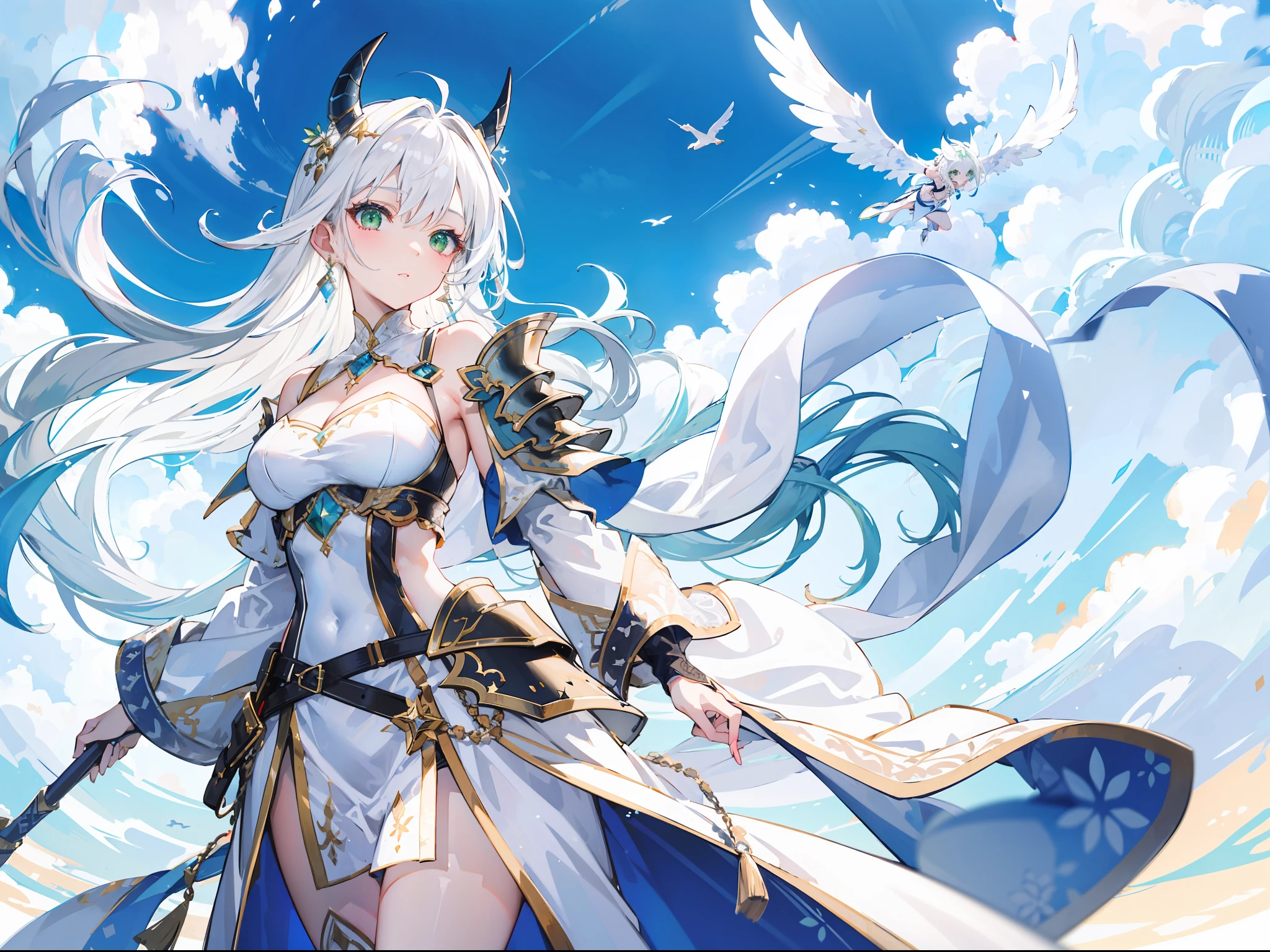 "Generate a graceful woman with green eyes and radiant white hair, soaring through the skies with cute white horn. She is dressed in white sexy armor and is surrounded by a cloud."