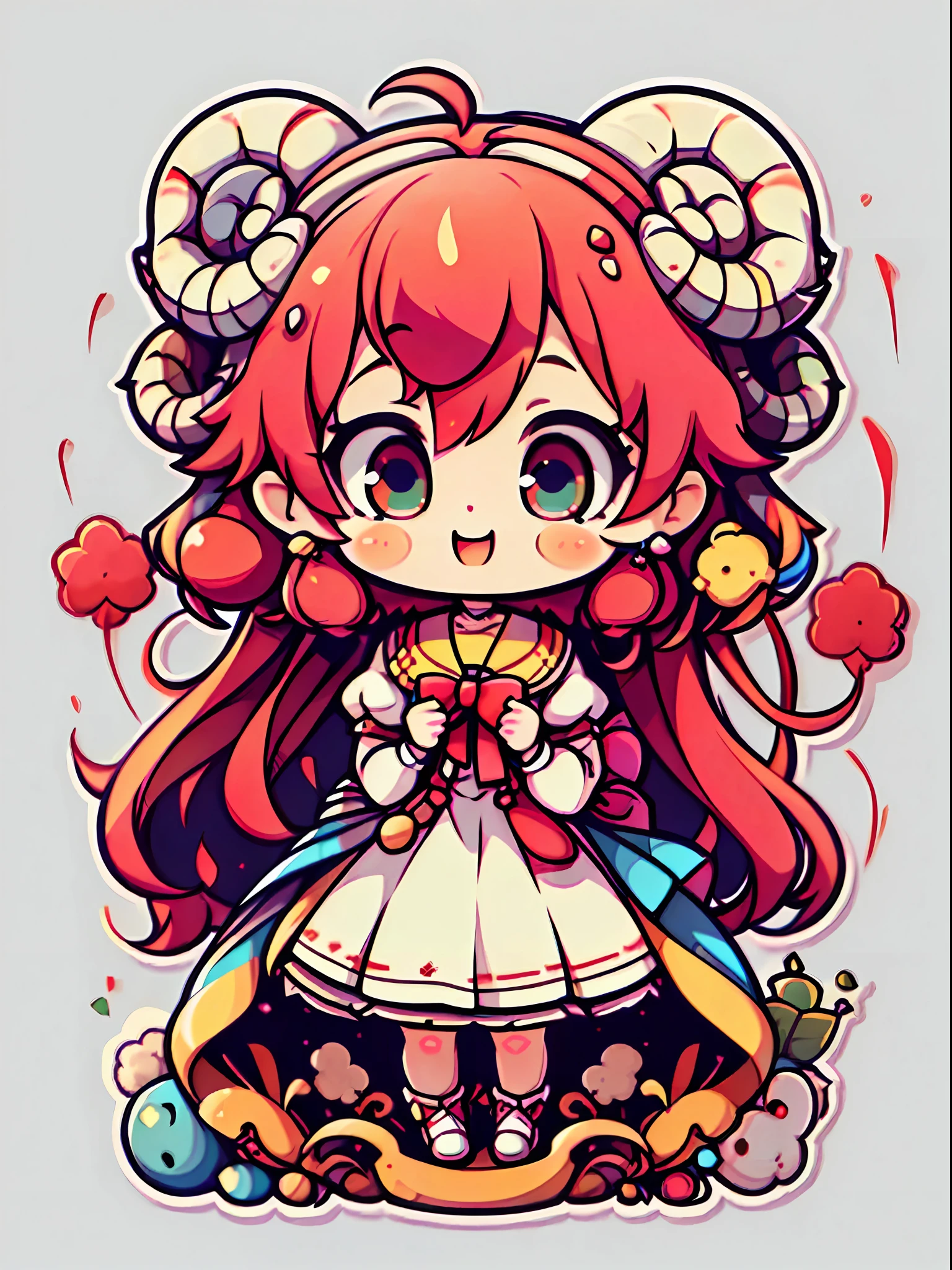 plastican00d、Simple white background、masutepiece, of the highest quality, isometric, beatiful detailed eyes、cowboy shot、(Cute cheerful little character girl of the year、Chibi、Sheep horns on the head、Red hair、White fluffy dress、fullllbody)、