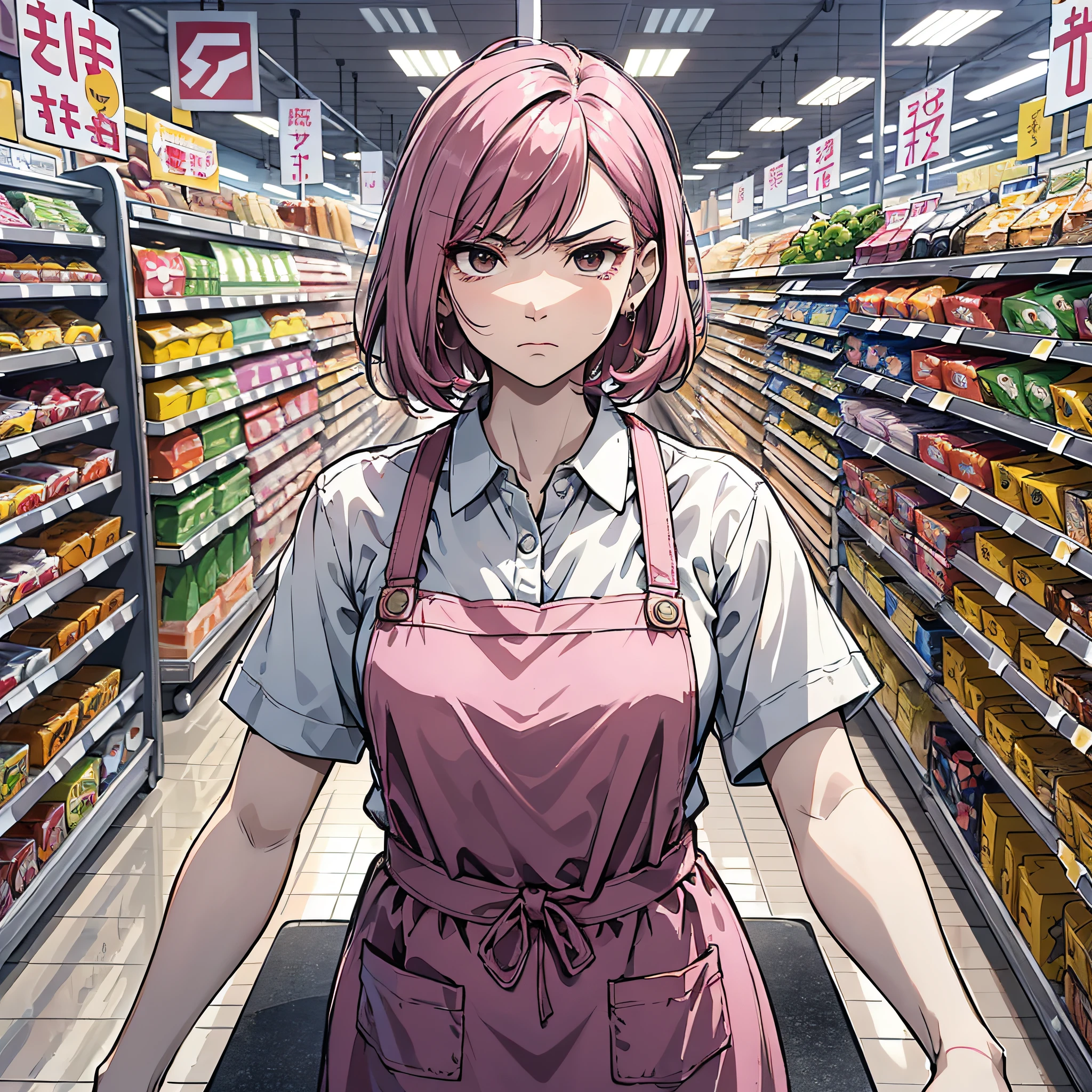 Ridiculous resolution,A high resolution,(tmasterpiece:1.4),Hyper-detailing,pink short hair, 1 middle-aged woman,, Solo, Black eyes, house wife,aprons, 1 Girl with long pink hair,Supermarket,angry look